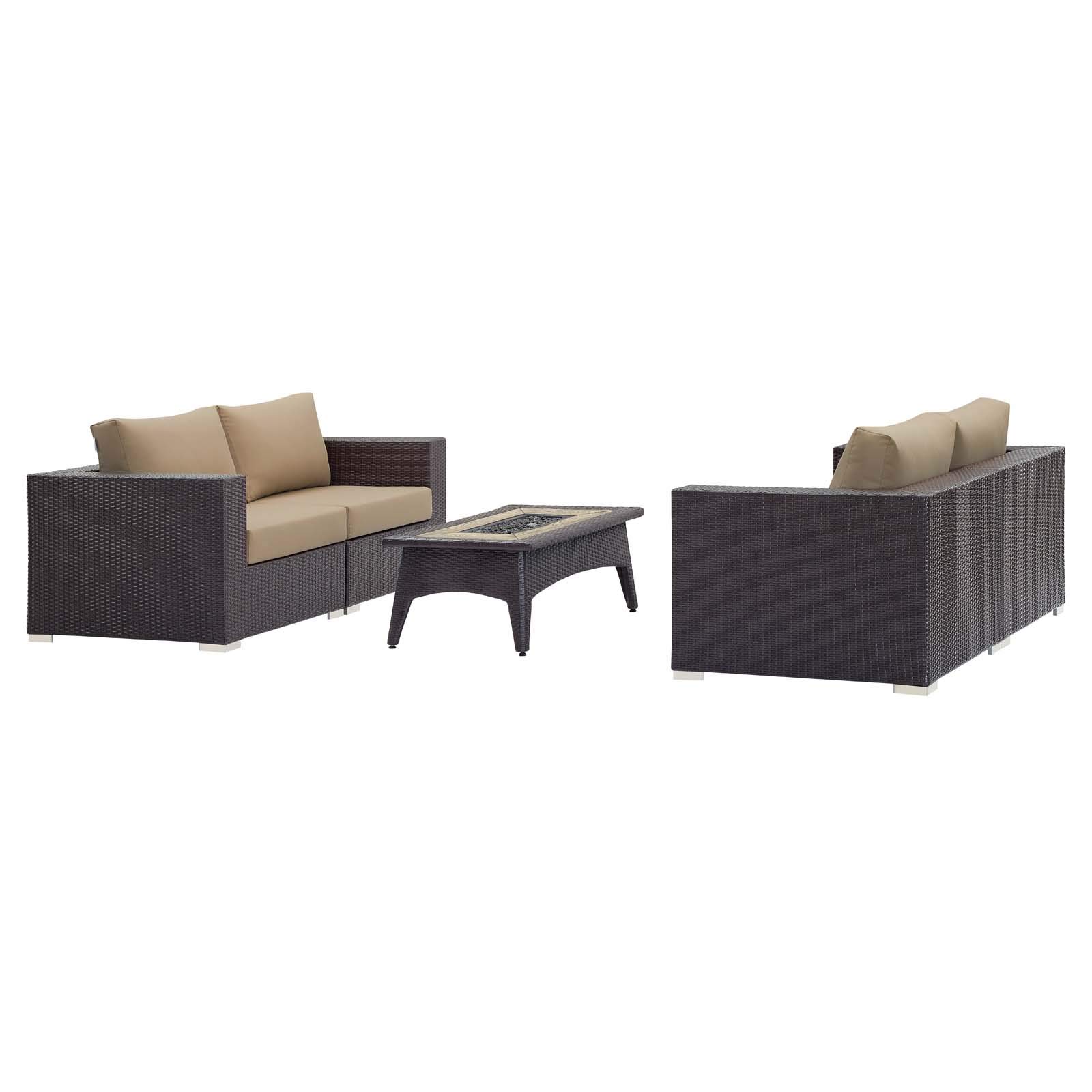Modern Outdoor Patio Furniture Set - 3-Piece Wicker Sofa, Chair & Coffee Table with Fire Pit - Light Brown Rattan for Backyard, Garden, Poolside Relaxation