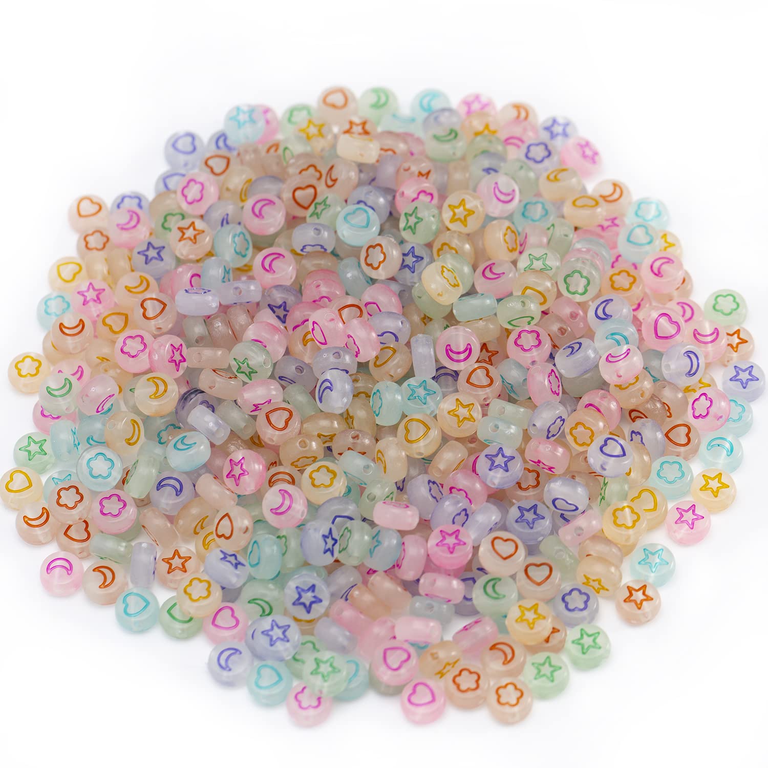 500 Pcs Glow in The Dark Acrylic Beads - Stars, Moon, Hearts & Petals for DIY Jewelry Making, Bracelets & Necklaces - Perfect for Kids Crafts, Party Favors & Nighttime Decor
