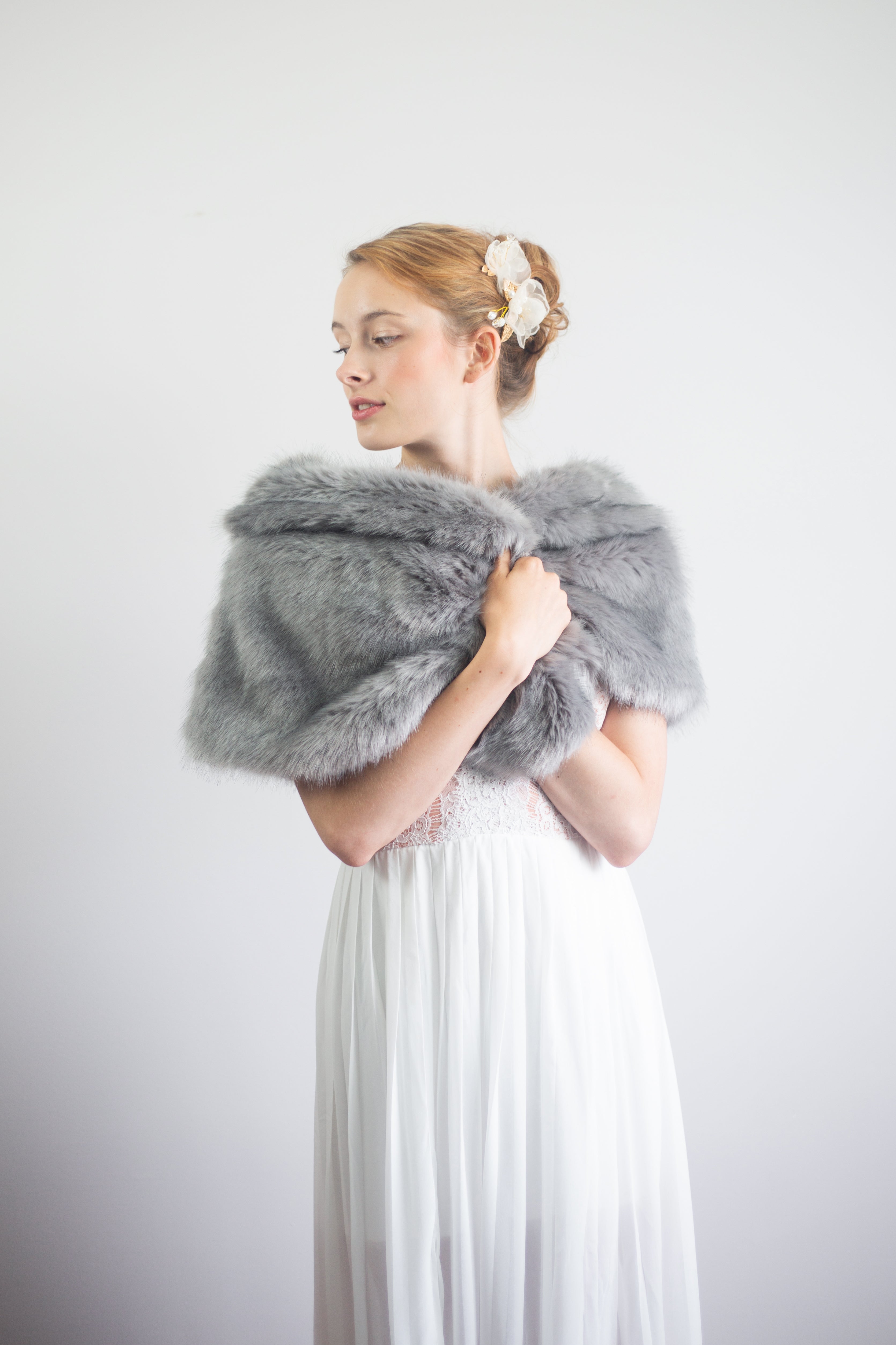 Gray Fur Wrap Shawl - Blair Gry04 - Soft & Warm Winter Fashion Accessory for Women - Perfect for Parties, Weddings & Cold Weather Outfits
