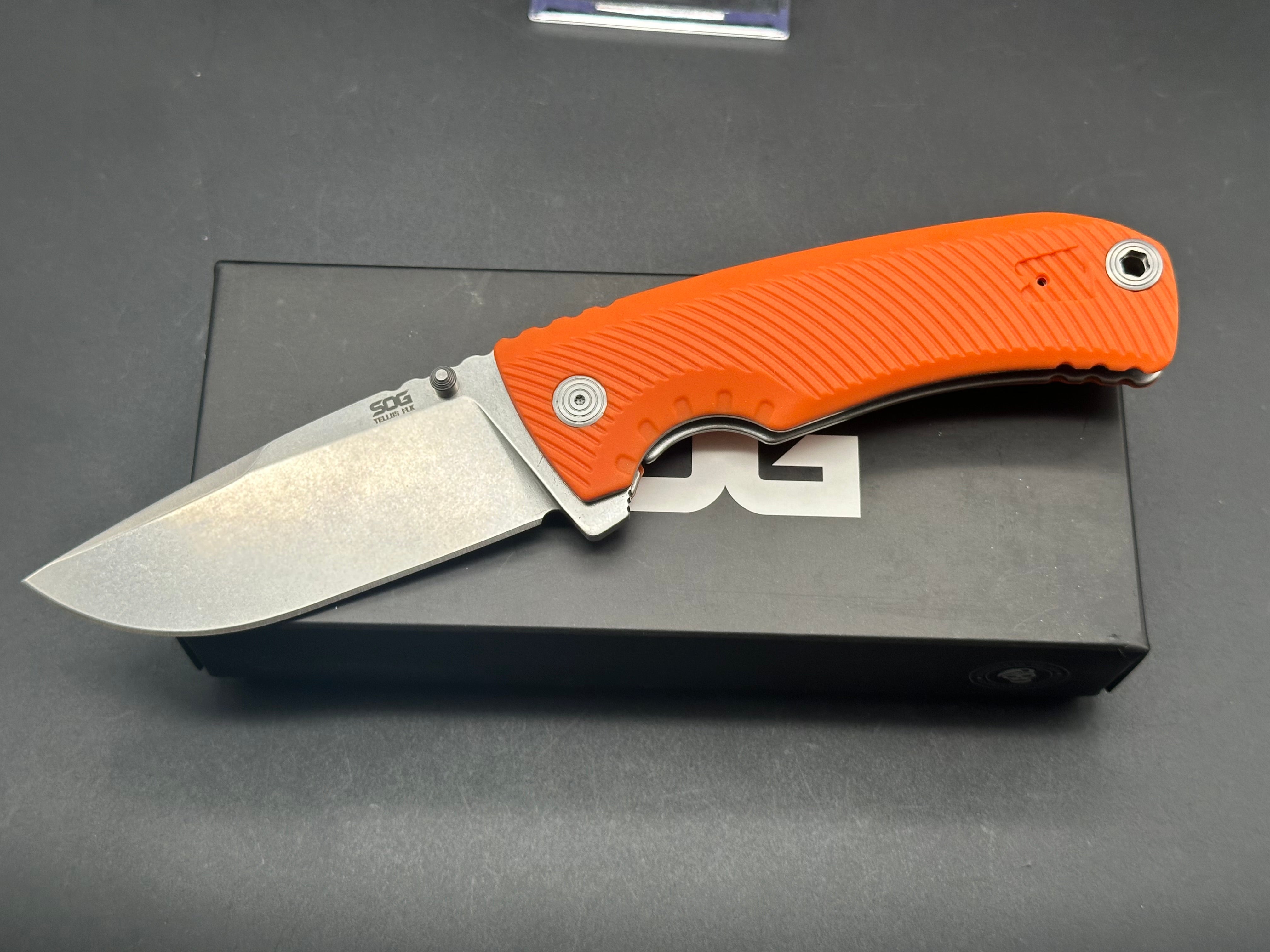 SOG Tellus FLK Blaze Frame Lock Folding Knife - Orange GRN Handle, 3.65