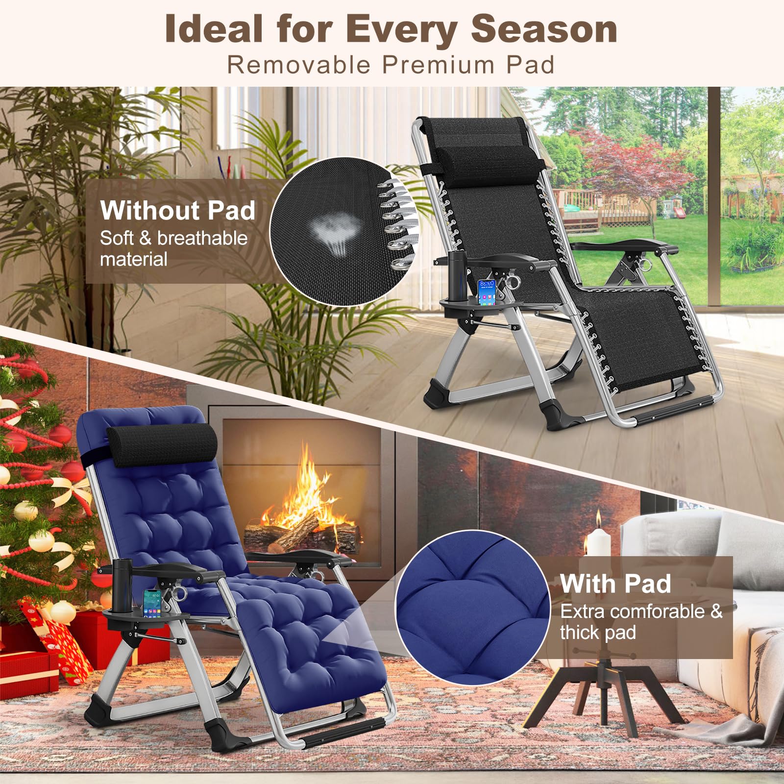 DoCred Comfortable Folding Recliner Chair with Removable Cushion - Indoor Outdoor Lounge Chair for Bedroom, Living Room & Patio - Perfect for Relaxing, Reading & Sunbathing