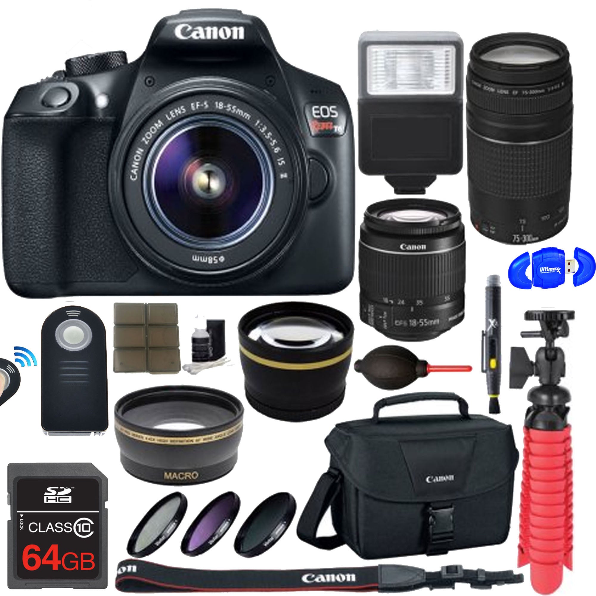 Canon EOS Rebel T6/2000D DSLR Camera Bundle with 18-55mm & 75-300mm Lenses, 64GB Memory Card, DSLR Bag, Flash, Tripod & Accessories - Perfect for Photography Enthusiasts, Travel & Professional Shoots