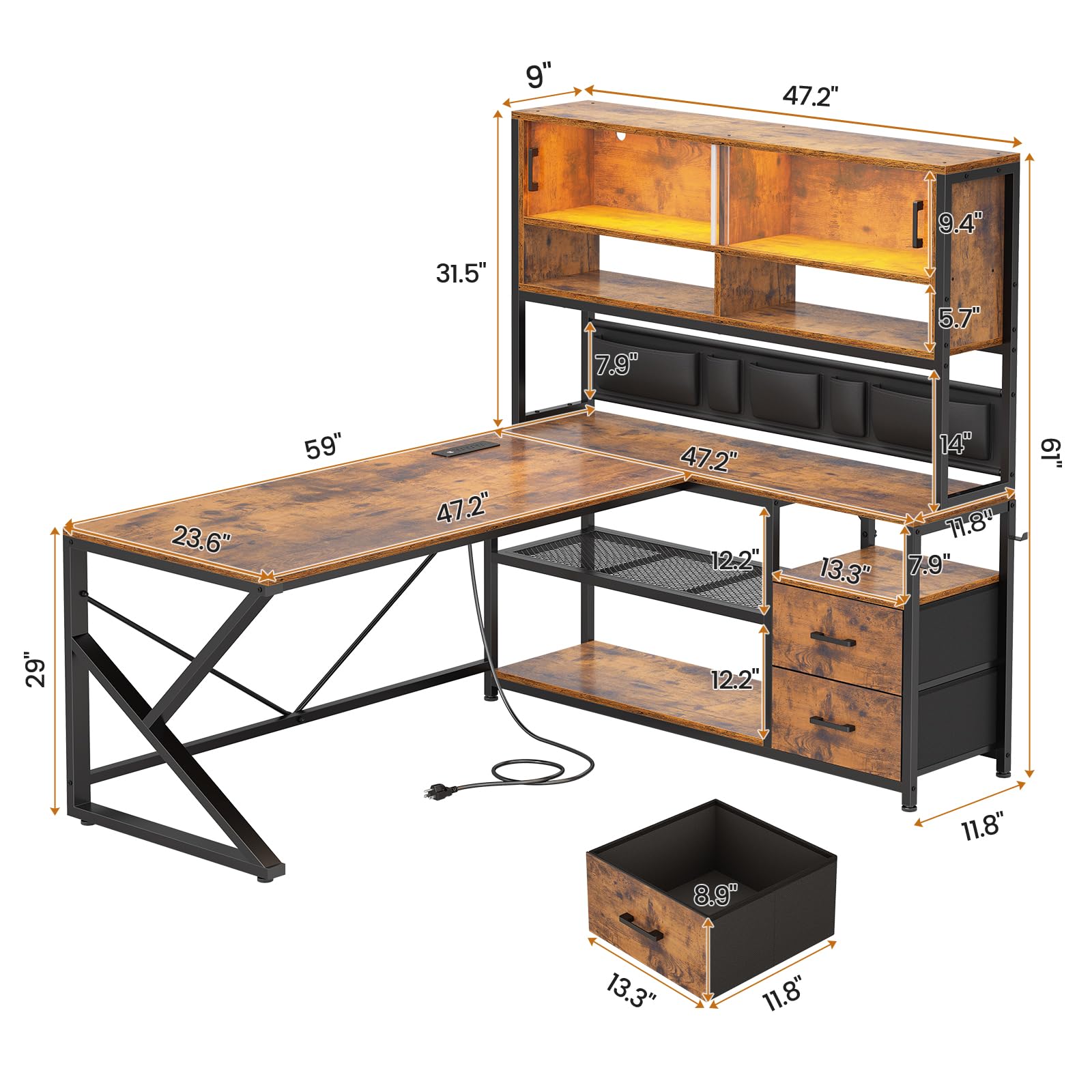 SEDETA L-Shaped Computer Desk with LED Light, 2 Drawers & Bookshelf - Home Office Gaming Desk with Glass Cabinet, Storage Bag & Shelves - Rustic Brown Corner Desk for Small Spaces & Workstations