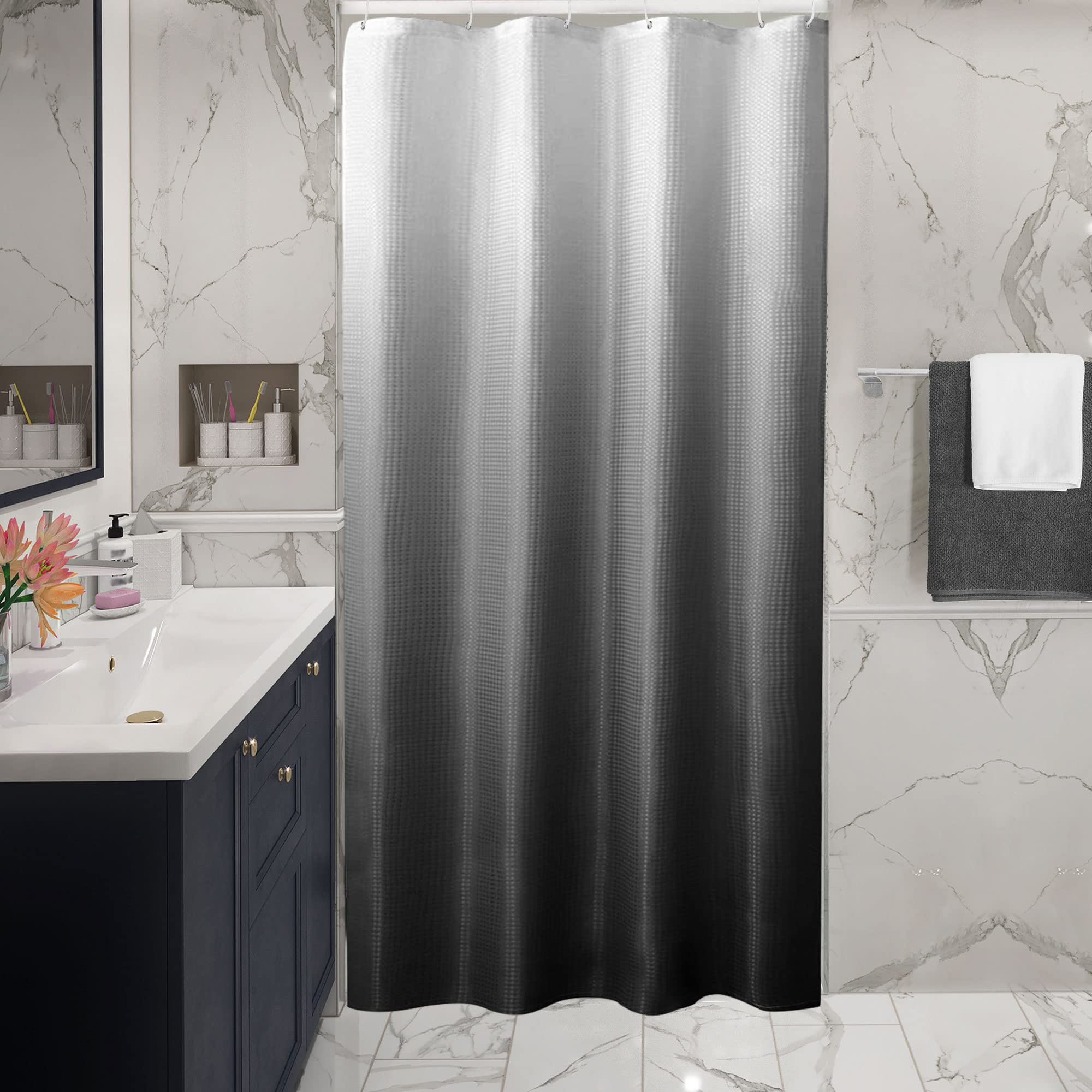 Gibelle Small Stall Shower Curtain 36 x 72 Inches - Narrow Half Black Ombre Bathroom Shower Curtain with Hooks | Waffle Weave Fabric, Water Repellent & Machine Washable | Perfect for Small Bathrooms, Apartments & RVs