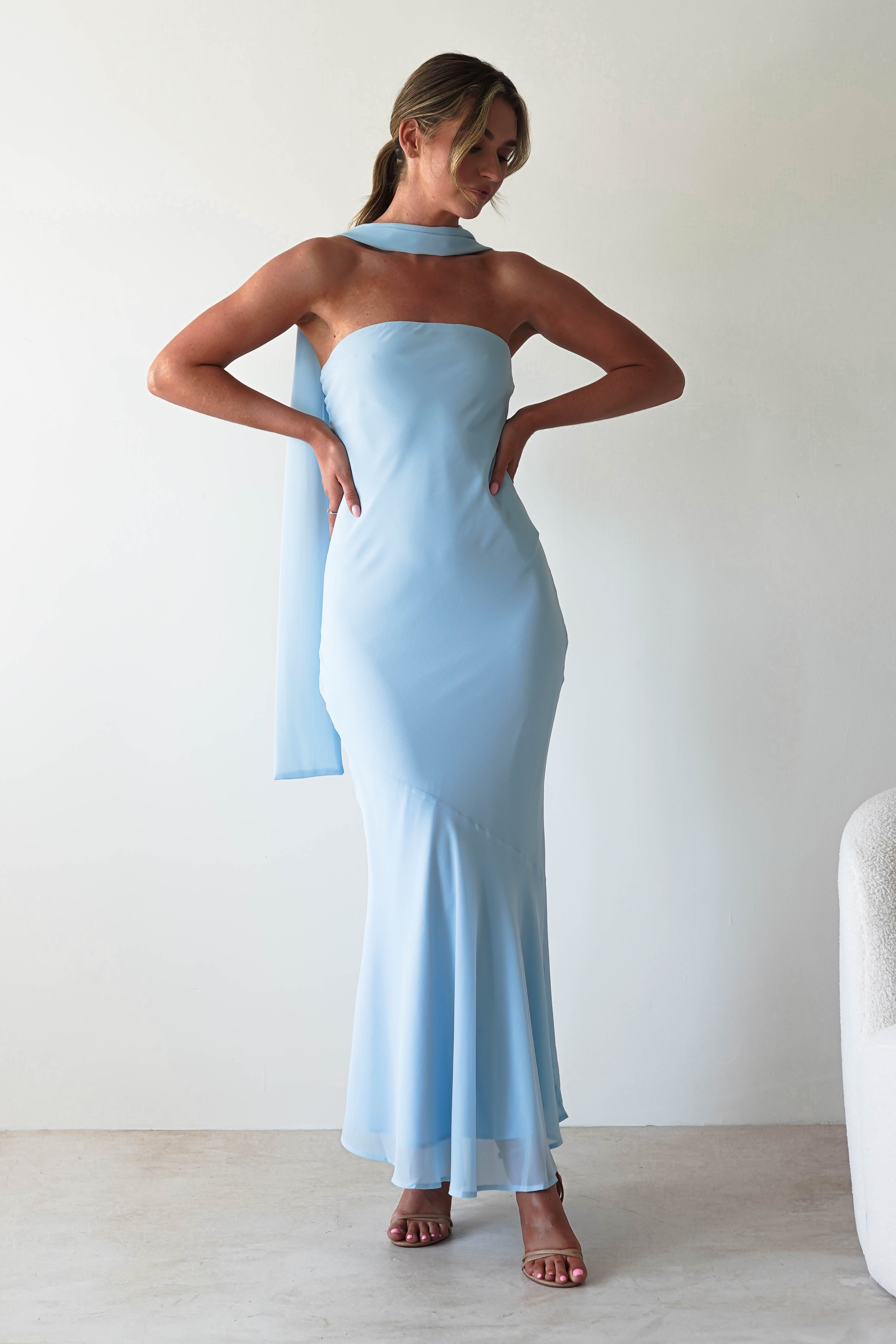 Elegant Carli Strapless Chiffon Maxi Dress in Blue - Perfect for Beach Weddings, Summer Vacations & Evening Parties