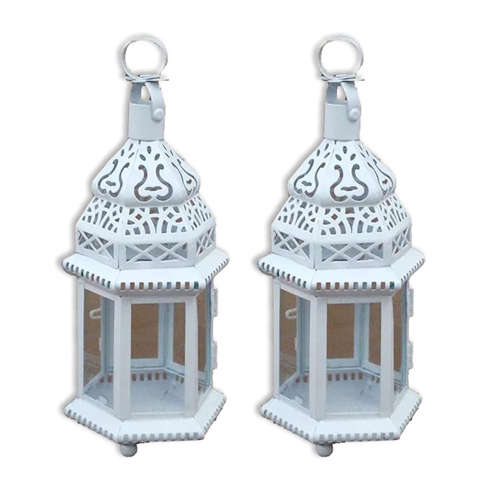 Vintage White Metal & Glass Decorative Candle Lanterns - Set of 2 Hanging Candle Holders for Wedding, Patio, Garden, Party & Outdoor Decor - Perfect for Romantic Ambiance, Table Centerpieces and Backyard Lighting