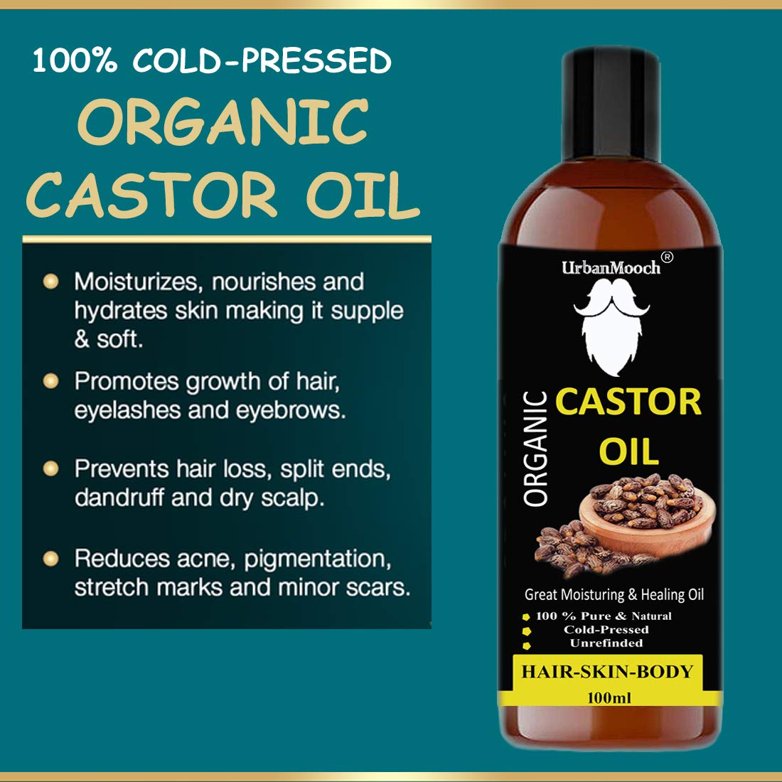 Pure & Natural Castor Oil for Hair Growth, Skin Care & Nail Health - 100ml Cold-Pressed Organic Jamaican Black Castor Oil - Perfect for Hair Masks, Eyelash Growth & Dry Skin Treatment