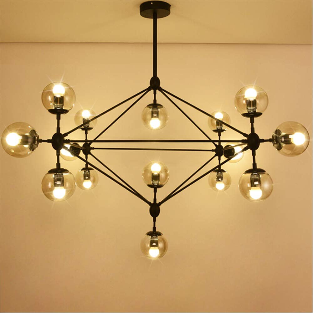 15-Light DNA Chandelier with Globe Glass Shade - Modern Black Finish Large Ceiling Light Fixture for Dining Room, Living Room, Bedroom - Perfect for Home Decor, Wedding Venues & Restaurant Lighting (D58.5)