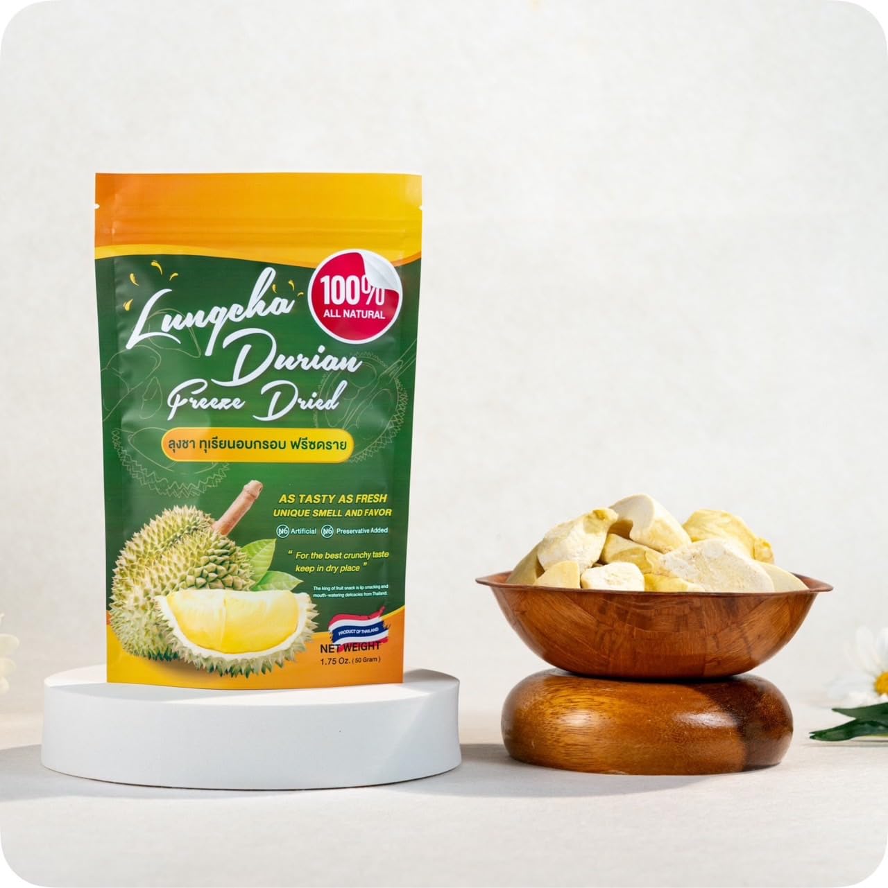 Freeze Dried Durian Pure Premium King of Thai Fruit - Natural Real Fruit Snack, No Sugar & No Preservatives, 1.75oz/Bag (1 Pack) - Perfect for Healthy Snacking, Travel & Gourmet Gifts