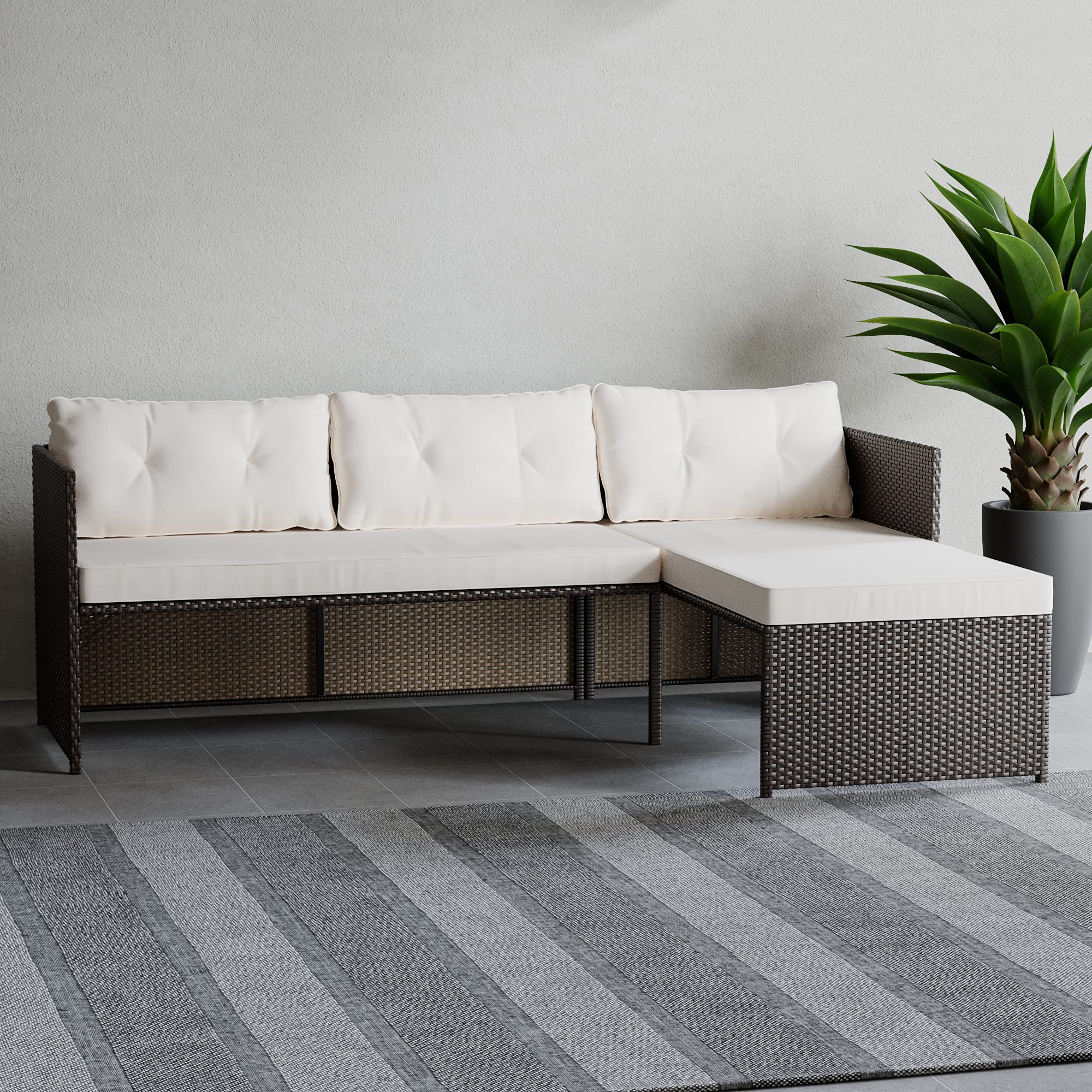 Edenbrook Bayview Rattan Patio Furniture Set - L-Shaped Outdoor Sofa in Brown Wicker with Cream Cushions for Garden, Poolside & Backyard Relaxation