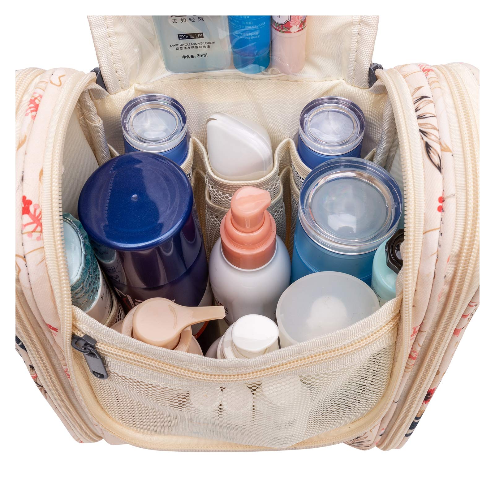 Narwey Hanging Travel Toiletry Bag for Women - Waterproof Makeup Organizer with Multiple Pockets, Perfect for Cosmetics & Toiletries (Medium, Beige Bird) - Ideal for Air Travel, Camping & Gym Essentials