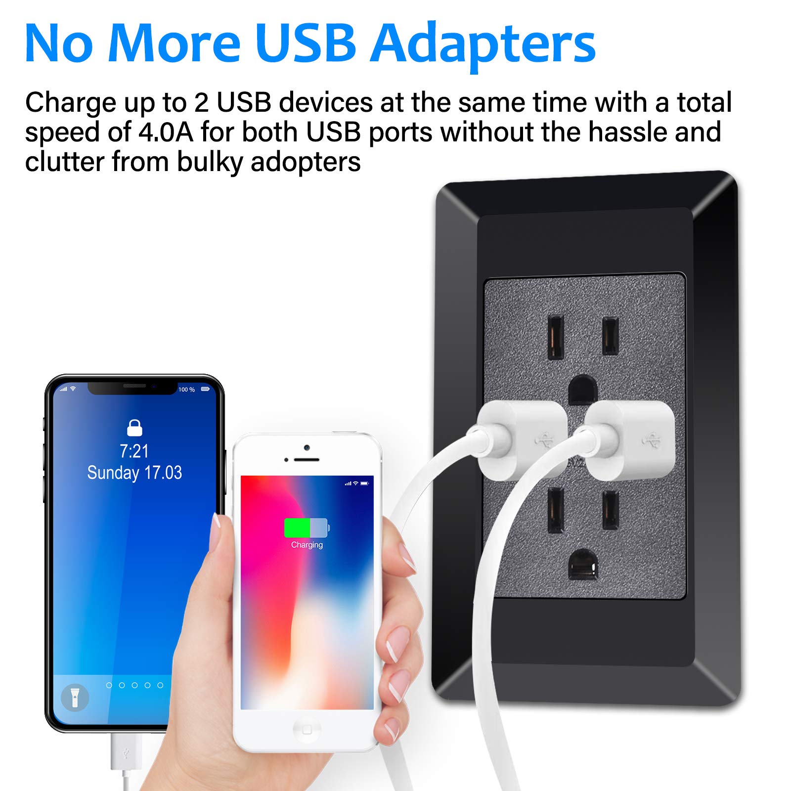 NineLeaf 2A Fast USB Charger Outlet - 15A Duplex Receptacle with Dual USB Ports & Screwless Wall Plate (10 Pack, Black) - Perfect for Home, Office & Hotel Charging Stations