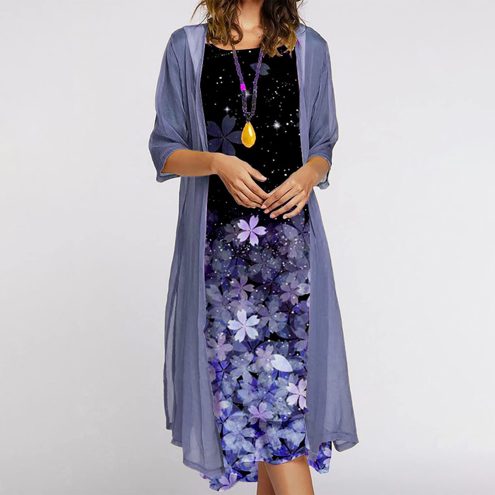 Women's Summer Floral Print Cocktail Dress Two Piece Set - O-Neck Casual Midi Dress for Party, Wedding & Vacation | Breathable & Stylish Outfit