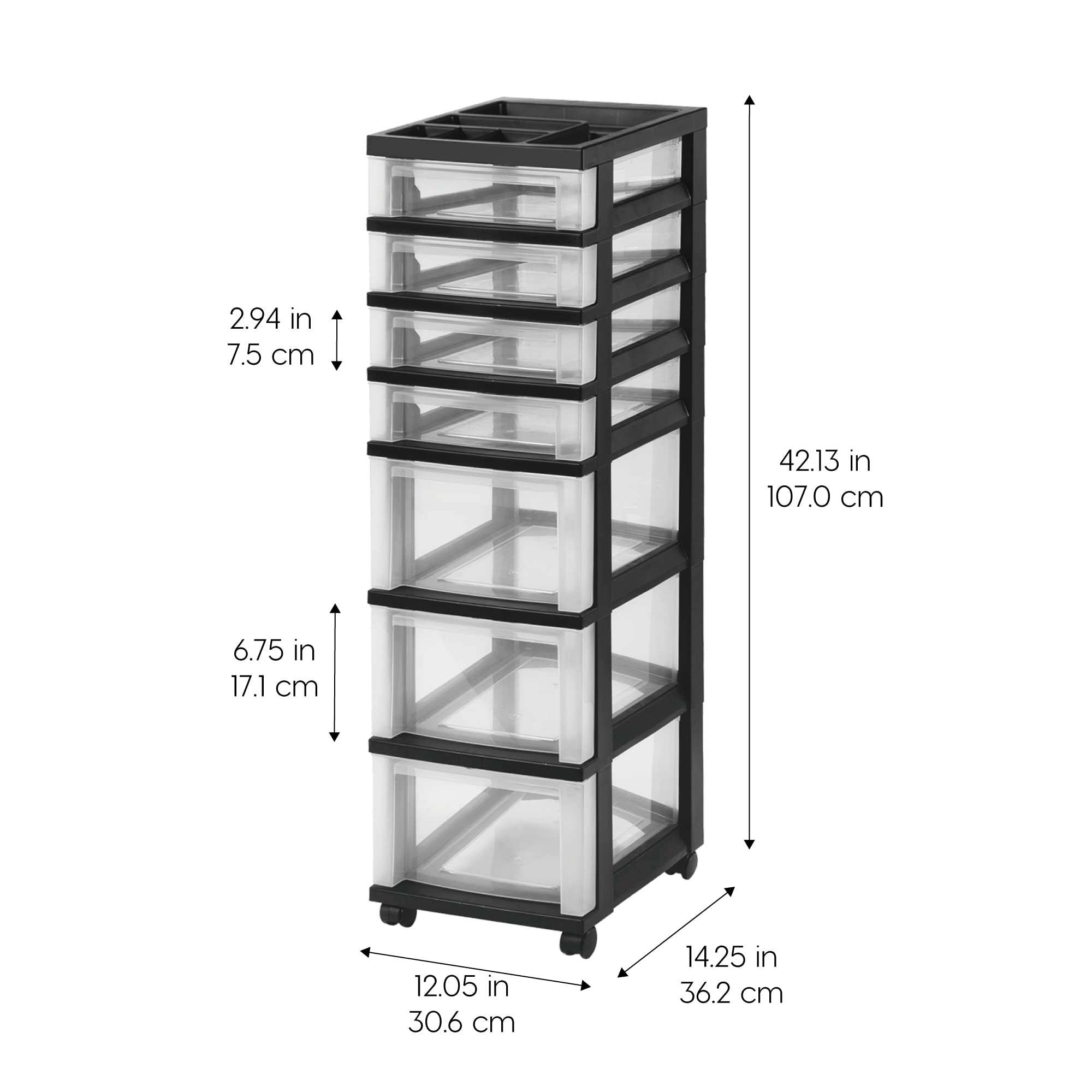 IRIS USA 7-Drawer Rolling Storage Cart with Wheels | Plastic Organizer for Classroom, Craft Supplies, Bathroom & Bedroom | Black/Clear | Perfect for Dorm, Laundry Room & Closet Organization