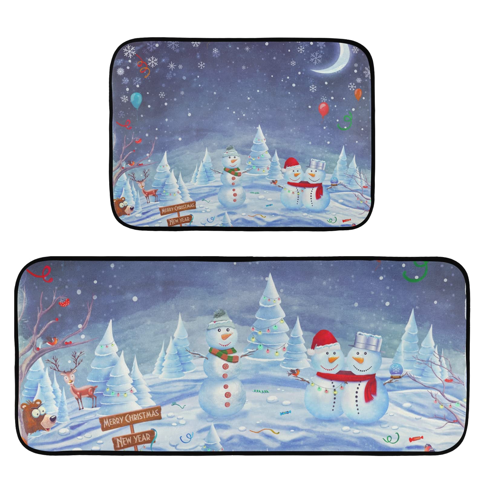Snowmen Anti-Fatigue Kitchen Mat Set - 2-Piece Non-Slip Cushioned Floor Mats for Kitchen, Bathroom & Entryway - Washable Fall Decor Rugs (19.7