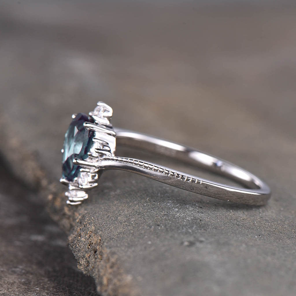 Exquisite Pear-Shaped Alexandrite Engagement Ring with Milgrain Detailing & Diamond Halo - Perfect for Proposals, Anniversaries & Special Occasions