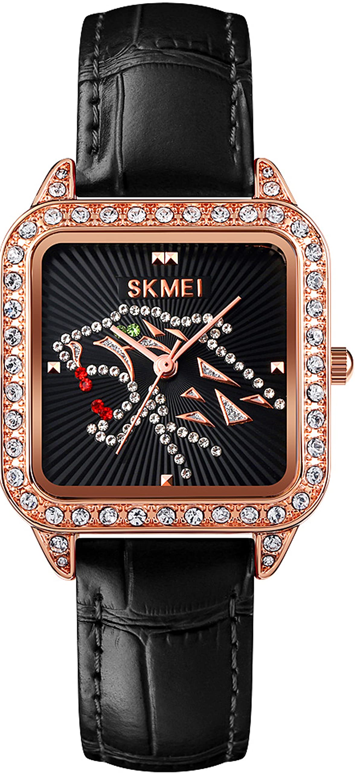Luxury Women's Watch - Red Leather Band, Crystal Diamond, Elegant Dress Watch for Office & Evening Events