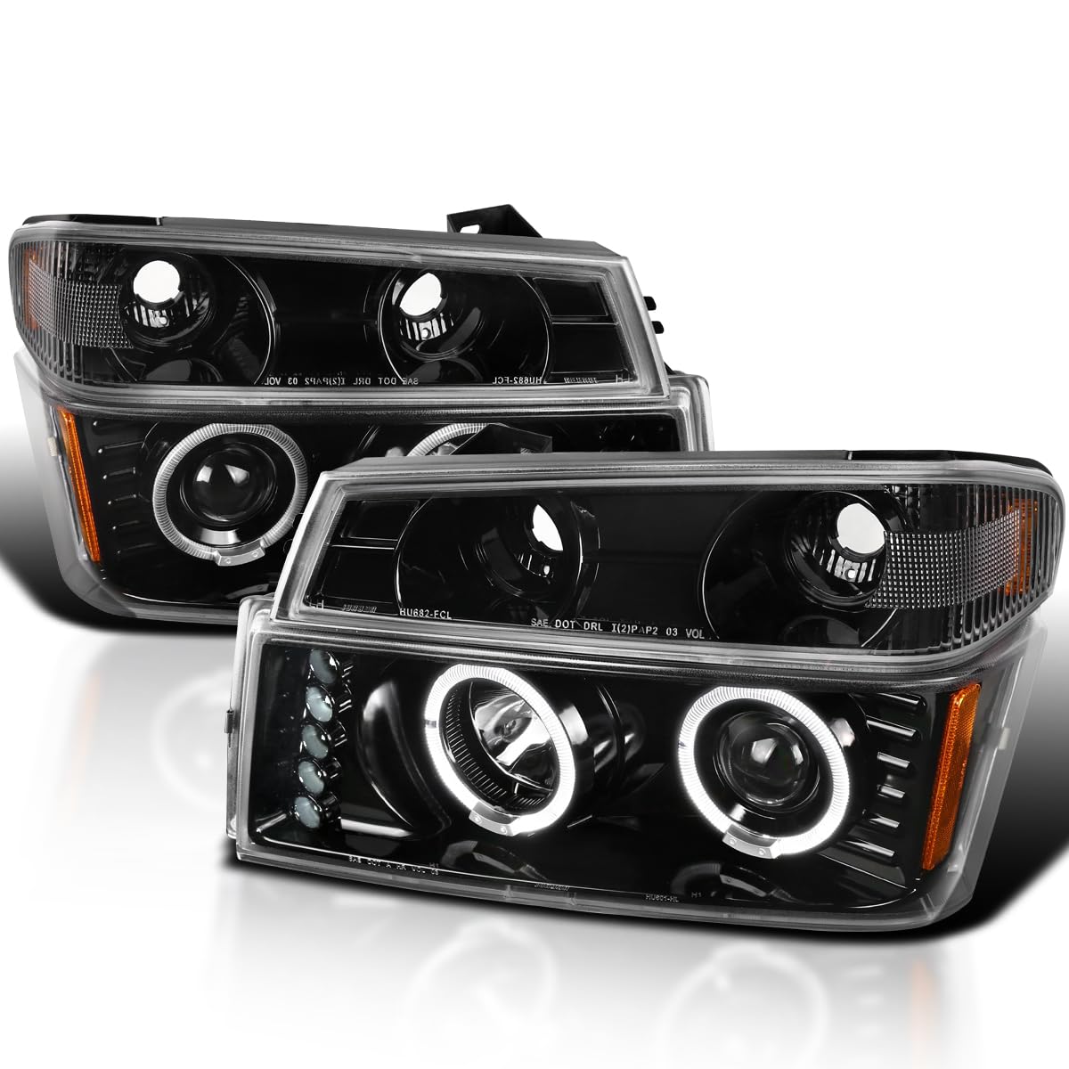Spec-D Tuning Glossy Black LED Halo Projector Headlights + Bumper Lights for 2004-2012 Chevy Colorado & GMC Canyon - Complete Left & Right Headlamp Assembly - Upgrade Your Truck's Style & Night Visibility for Off-Roading & Daily Driving