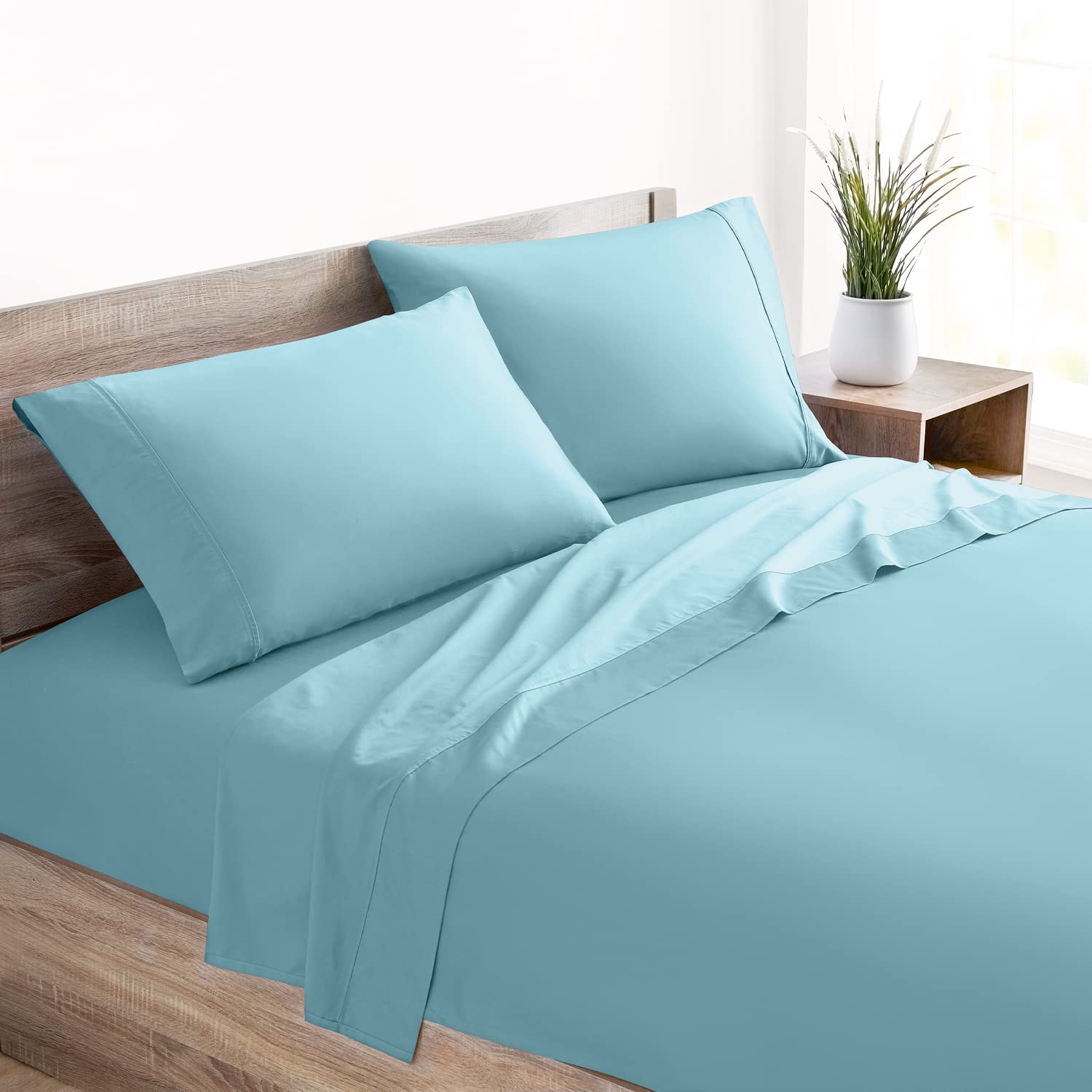 Mellanni 400 Thread Count Cotton Sateen Bed Sheets Set - 3 Piece Luxury Soft Cooling Bedding for Hot Sleepers (Twin XL, Light Blue) - Fits Mattresses up to 16