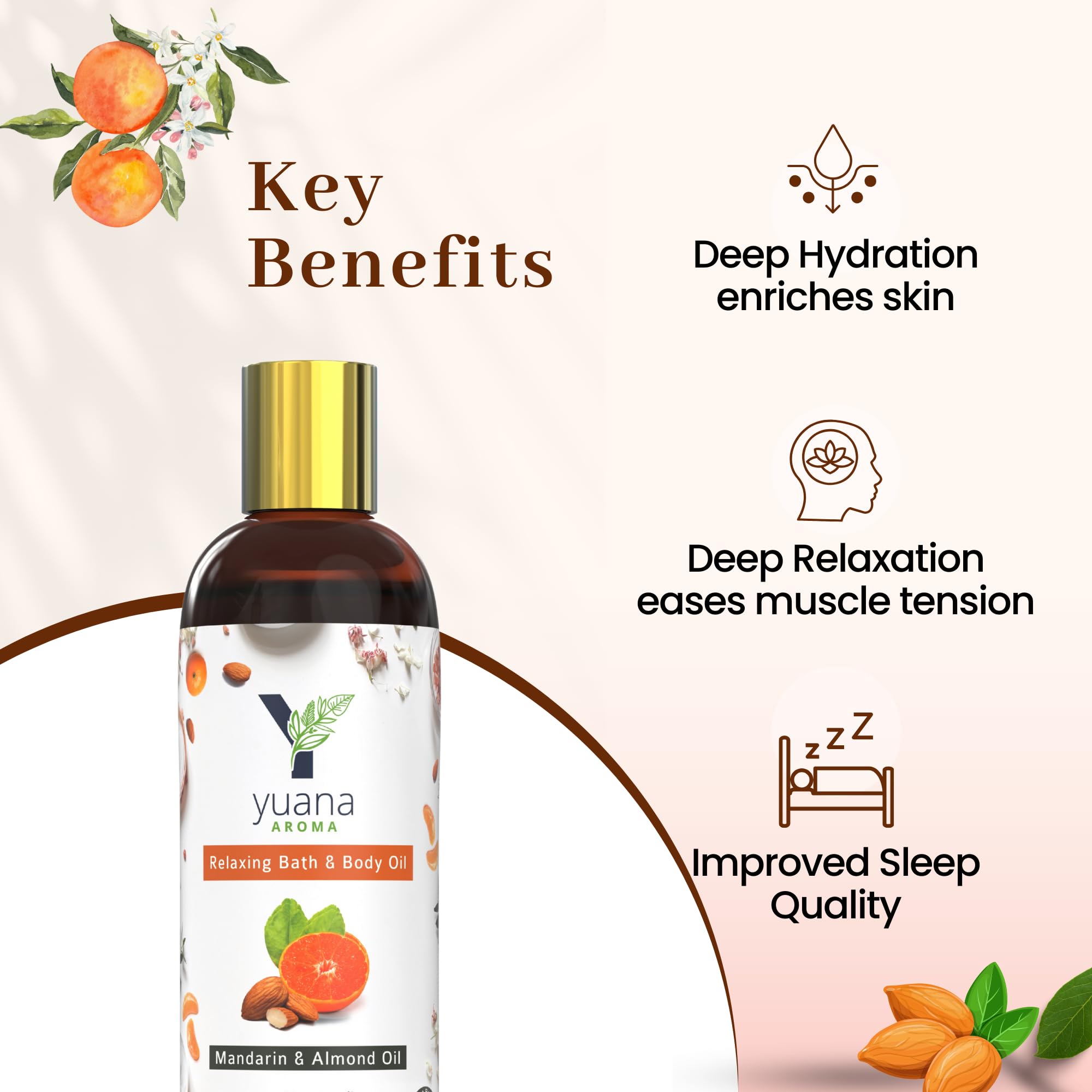 Yuana Aroma Relaxing Bath and Body Oil - 100% Natural with Almond Oil, Mandarin & Bergamot Essential Oils | Promotes Relaxation, Better Sleep & Glowing Skin | At-Home Spa Experience | 100ml | Perfect for Stress Relief, Self-Care Nights & Romantic Baths
