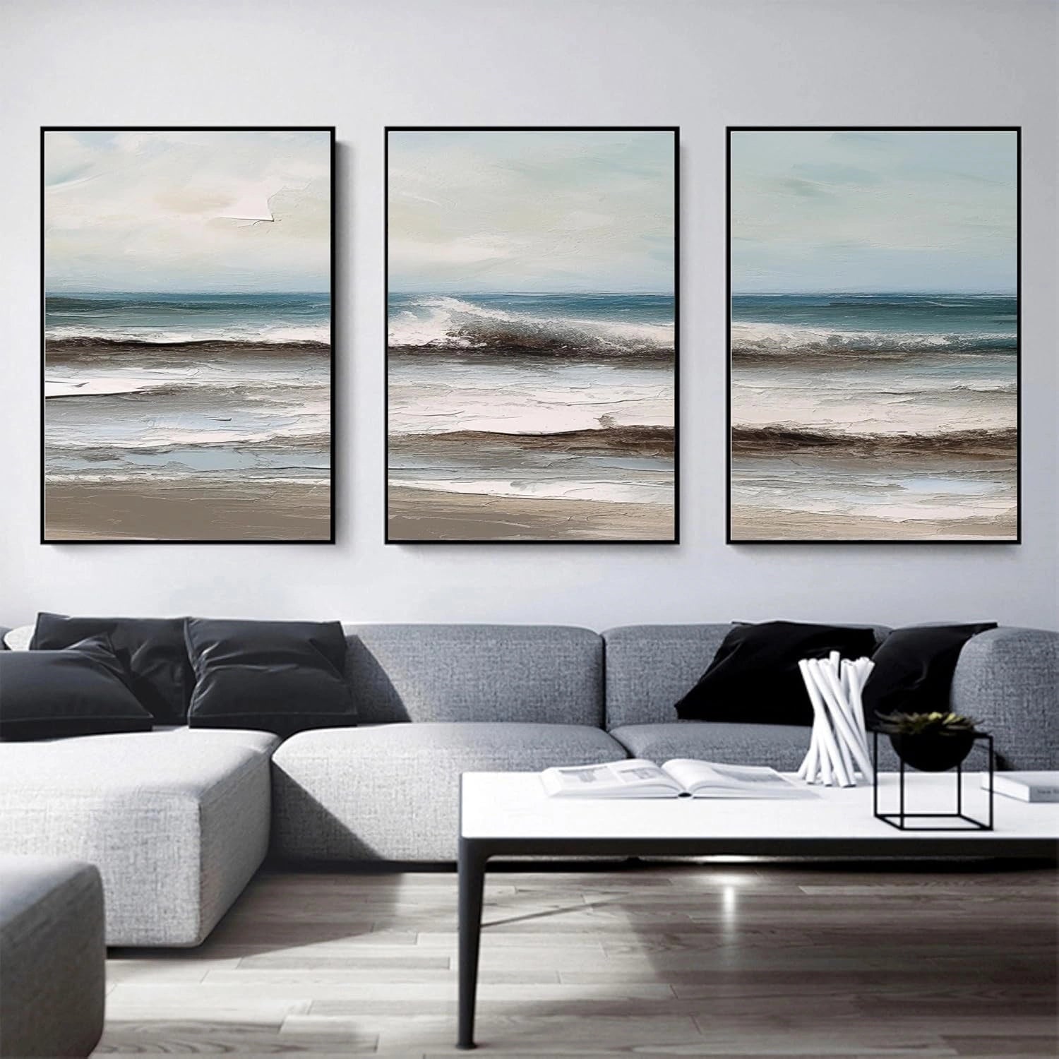 Ocean and Sky Painting Set of 3 - Coastal Wall Art Decor for Living Room, Bedroom, Office | Abstract Seascape Canvas Prints | Modern Home Decor