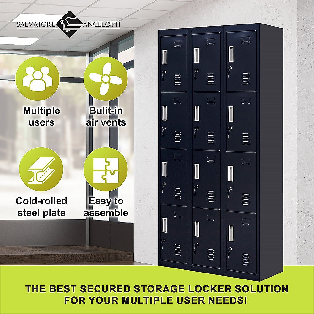 12-Door Locker with Standard Lock & Keys - Heavy Duty Metal Storage Cabinet for Office, Gym, School, Home & Shed - Ideal for Secure Equipment, Personal Belongings & Sports Gear Storage