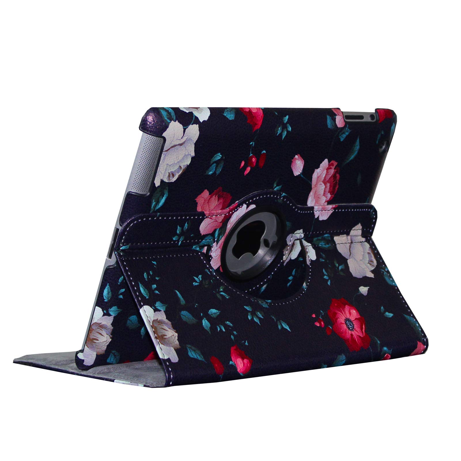 Rotating Stand Smart Cover Case for iPad Air 1 (2013) - Magnetic Auto Wake/Sleep | Compatible with iPad Air A1474 A1475 A1476 | Black Flower Design | Perfect for Work, Travel & Home Use