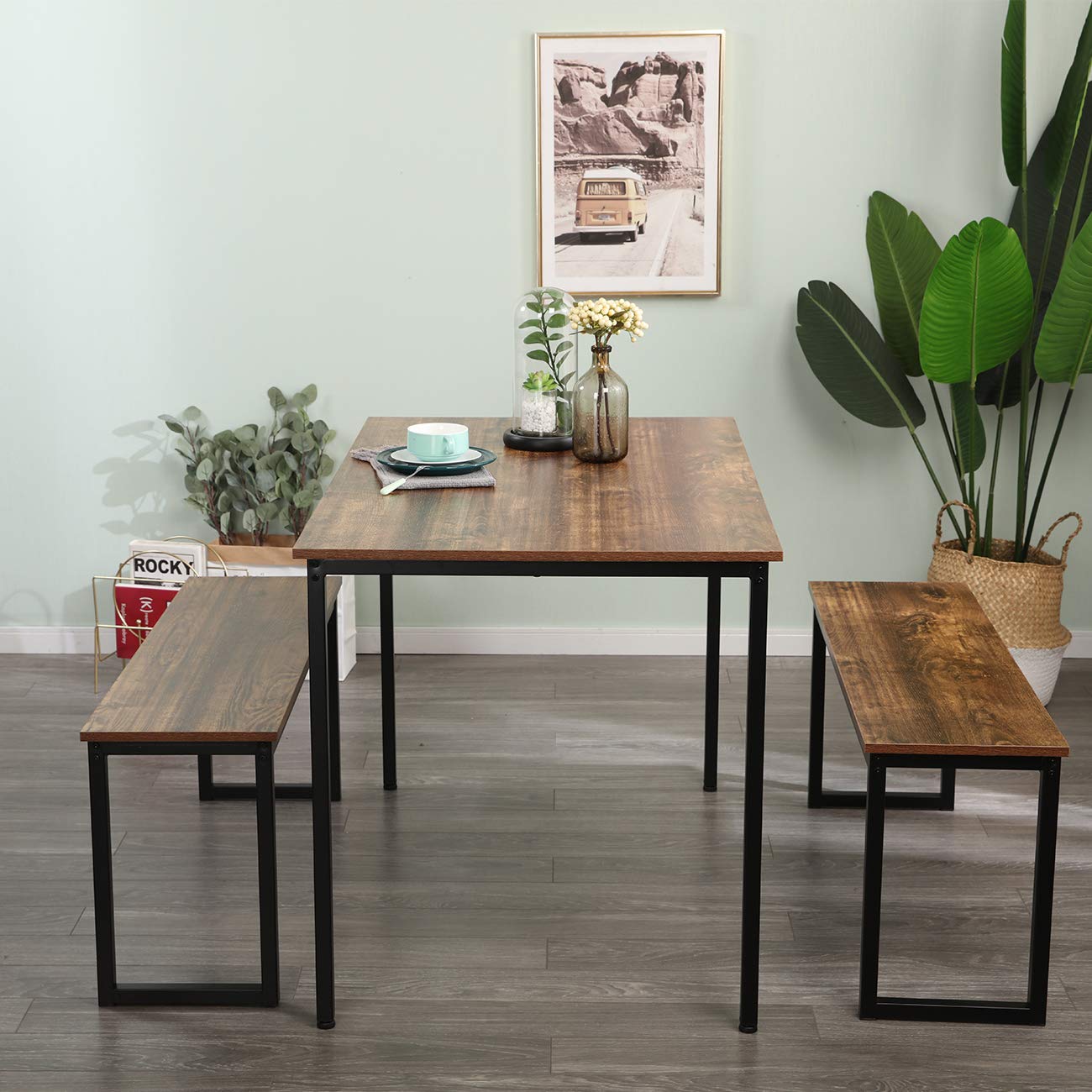 SogesGame 3-Piece Dining Table Set with 2 Benches - Compact Kitchen Table for 2-4 People, Space-Saving Breakfast Nook Furniture for Small Apartments, Perfect for Kitchen Dining, Breakfast Bars & Cozy Meals