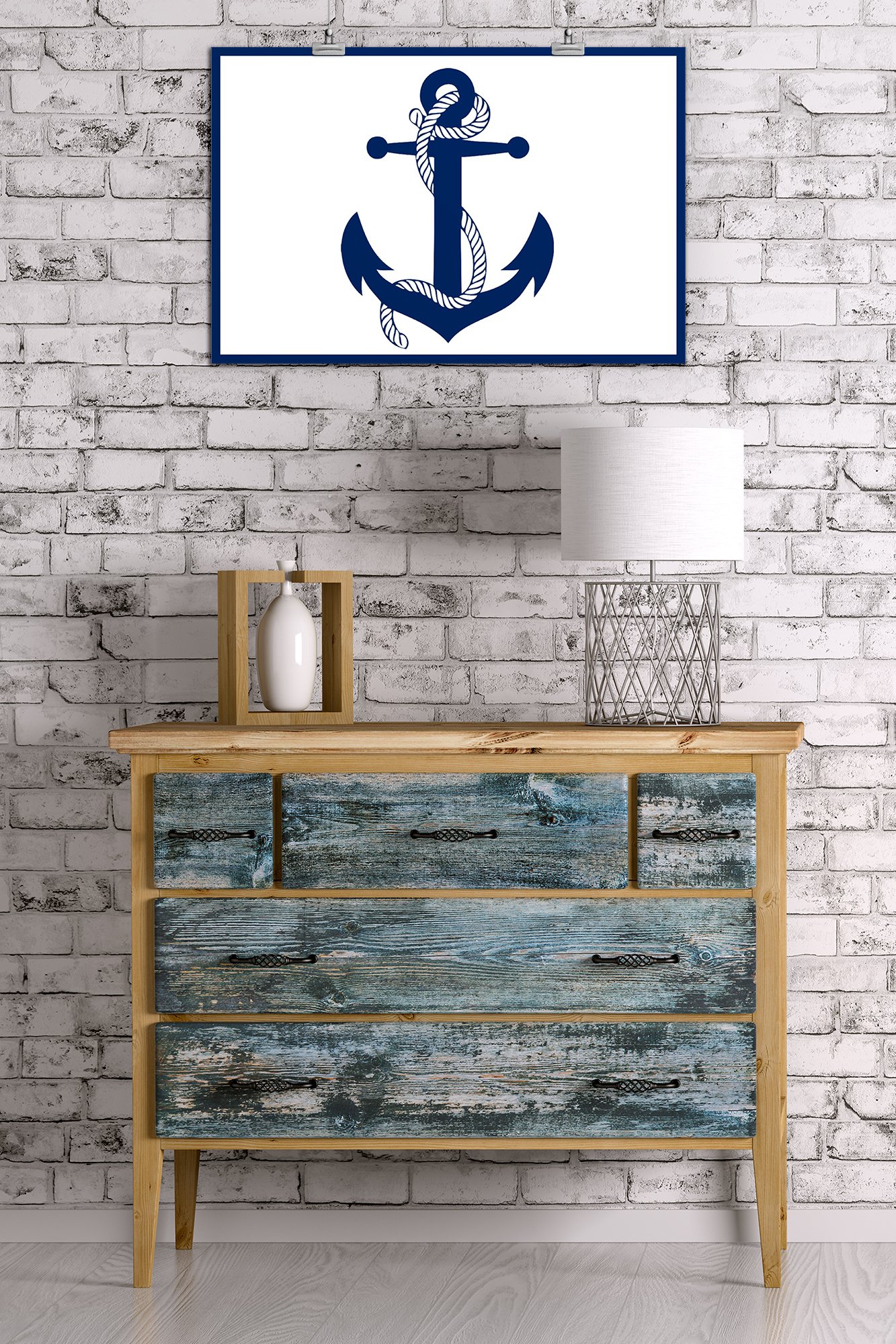Blue and White Anchor Giclee Gallery Print - 16x24 Inch Coastal Wall Art Decor, Nautical Travel Poster for Beach House, Living Room, or Office