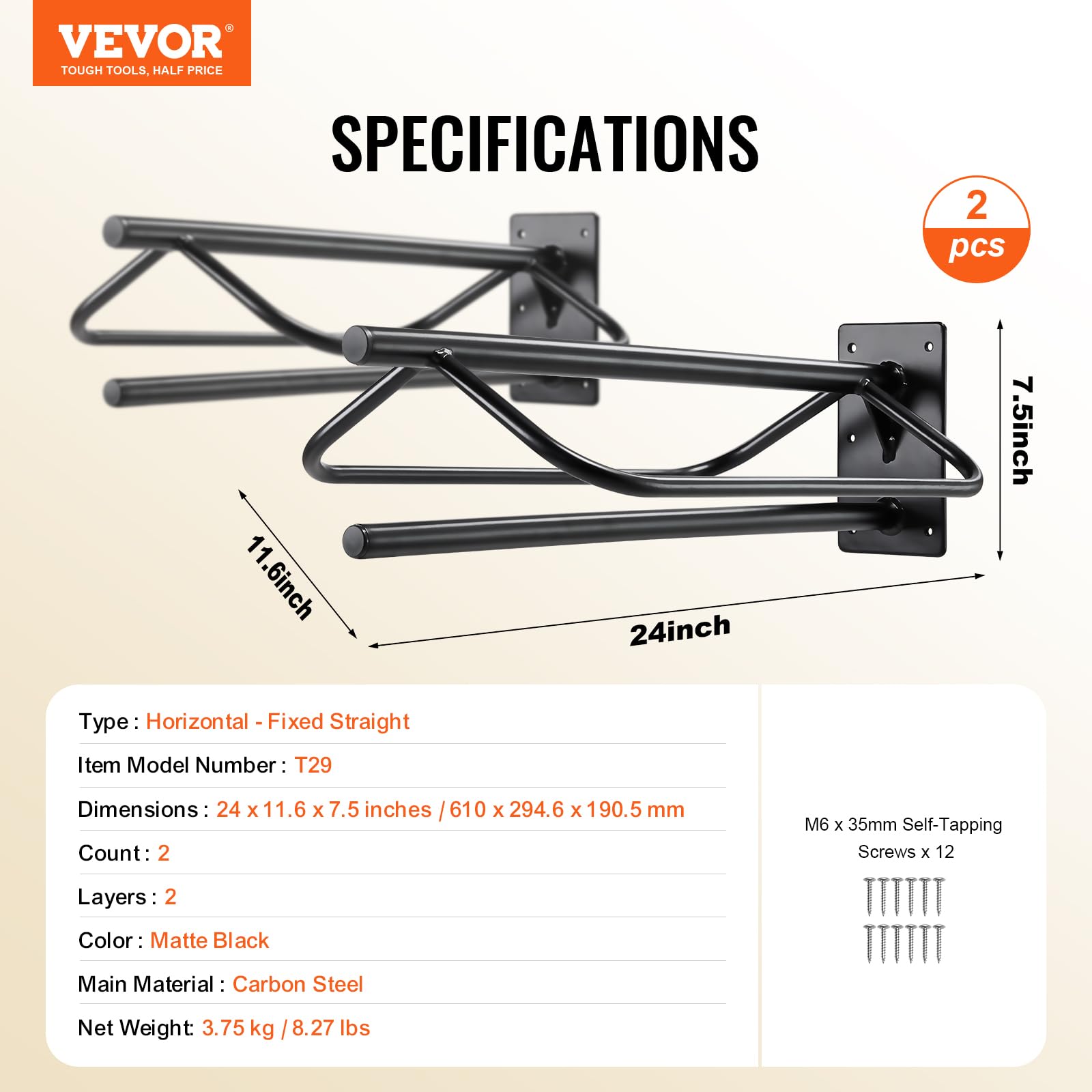 VEVOR Heavy-Duty Wall Mounted Saddle Rack - 2 Pack Steel Saddle Stand with Pad Bar (23.8