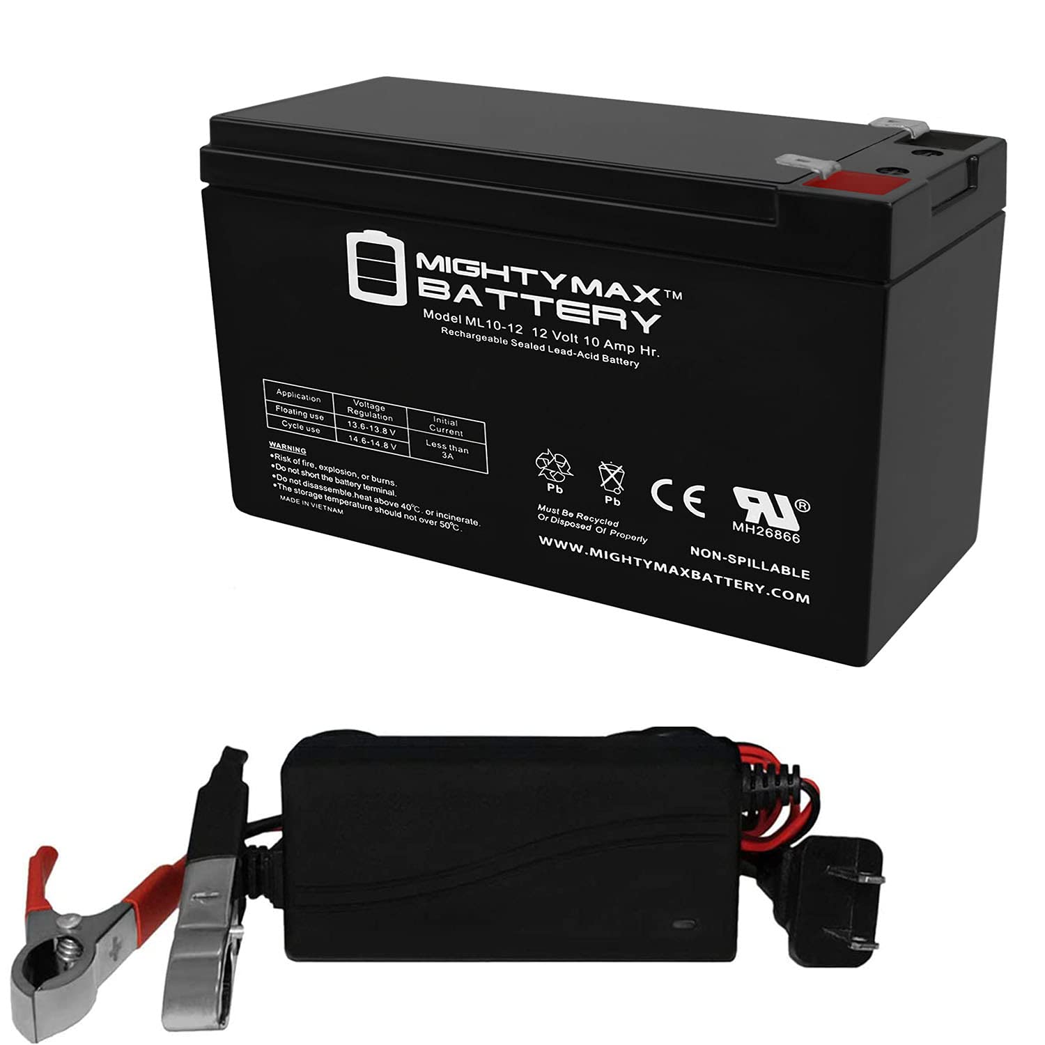 Mighty Max 12V 10AH Rechargeable Battery for Auto Motorcycle Scooter with 12V Charger - Perfect for Electric Bikes, Golf Carts, and Power Sports Vehicles