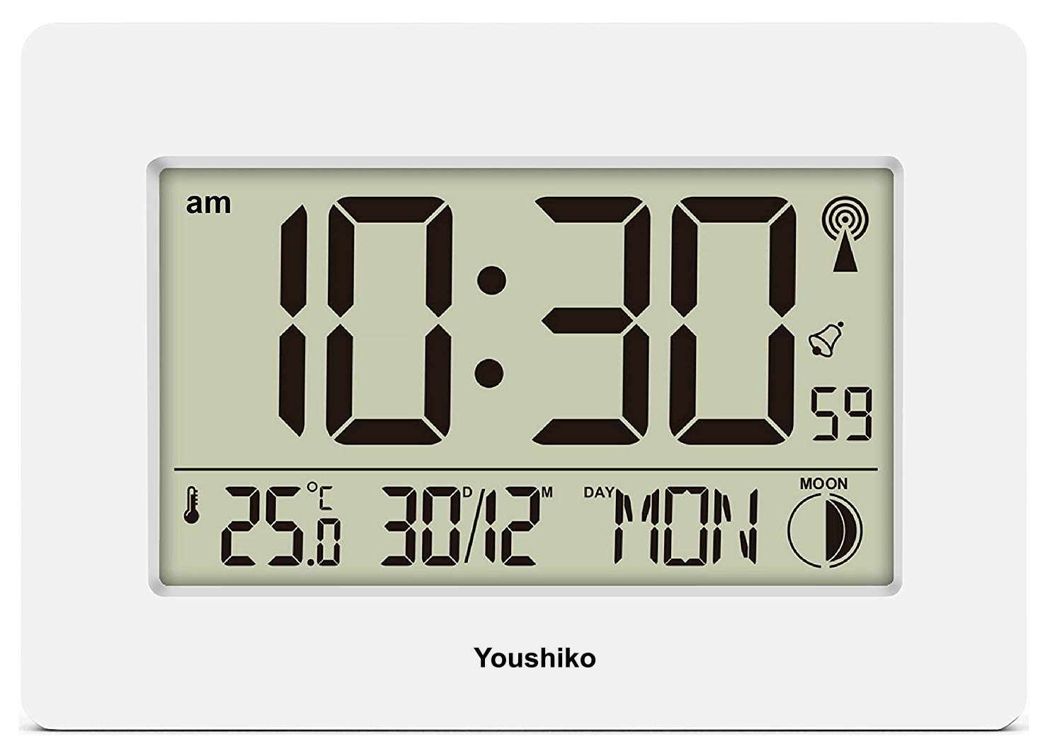 Youshiko Radio Controlled Wall Clock - Large LCD Screen, Silent Operation, Automatic Time/Date/Month Setting - Perfect for Home, Office, and Classroom Use
