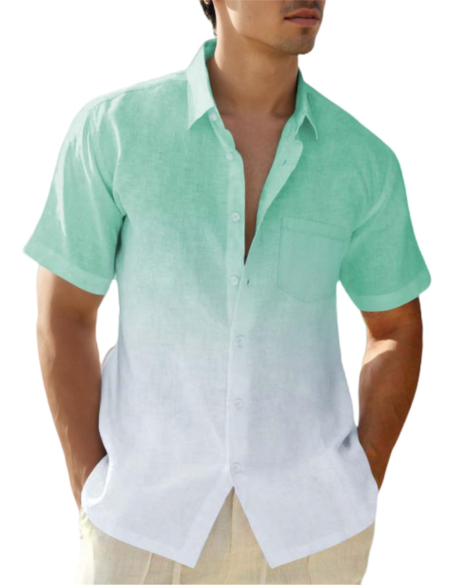 Men's Gradient Linen Short Sleeve Button Down Shirt - Hawaiian Summer Beach Casual T-Shirt for Men | Breathable & Lightweight for Outdoor Activities, Vacations & Daily Wear