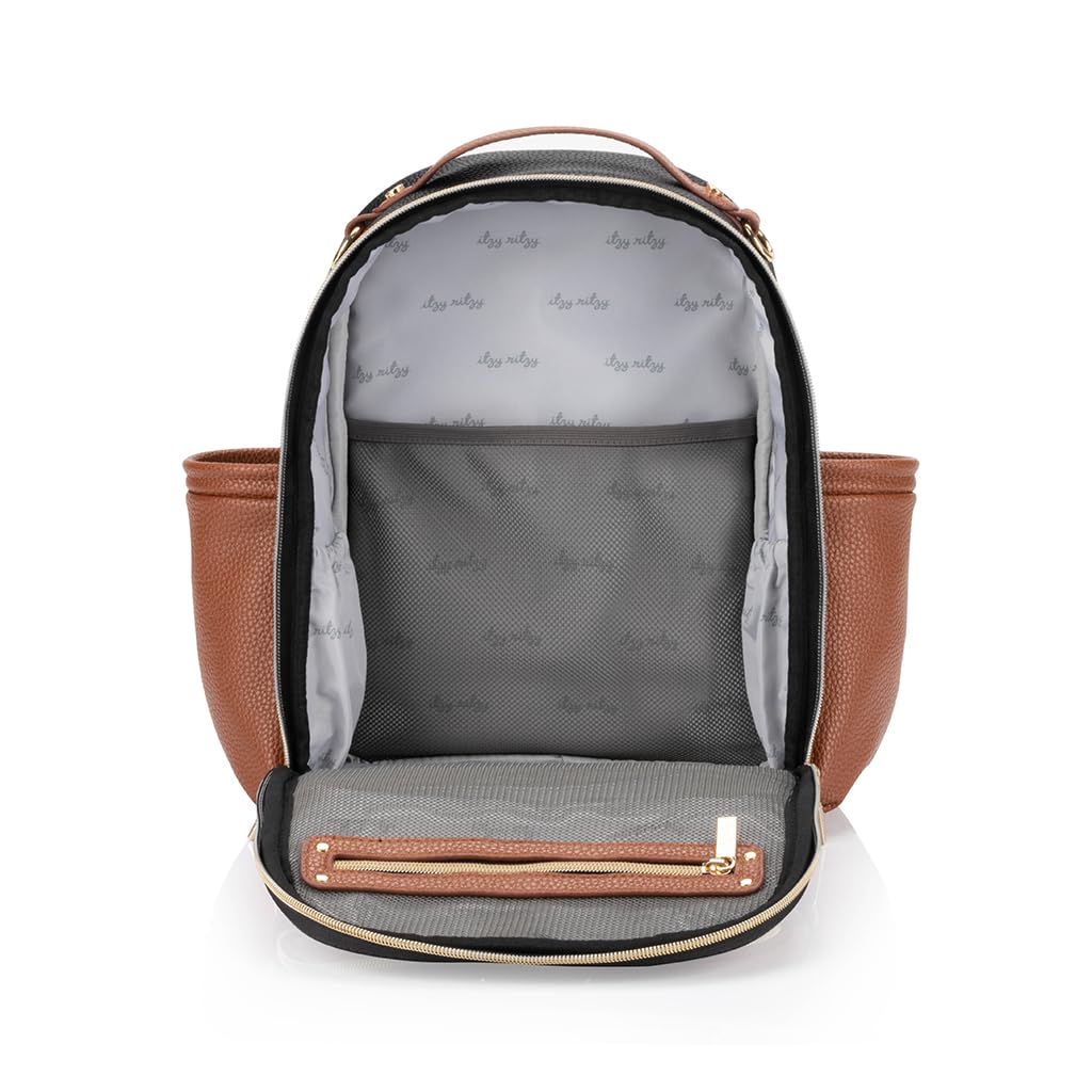 Itzy Ritzy Mini Plus Diaper Bag Backpack - Stylish Baby Diaper Backpack with Changing Pad, 10 Pockets (6 Internal & 4 External), Grab Handle & Non-Slip Feet (Coffee & Cream) - Perfect for Moms On-The-Go, Travel & Daily Baby Essentials Organization