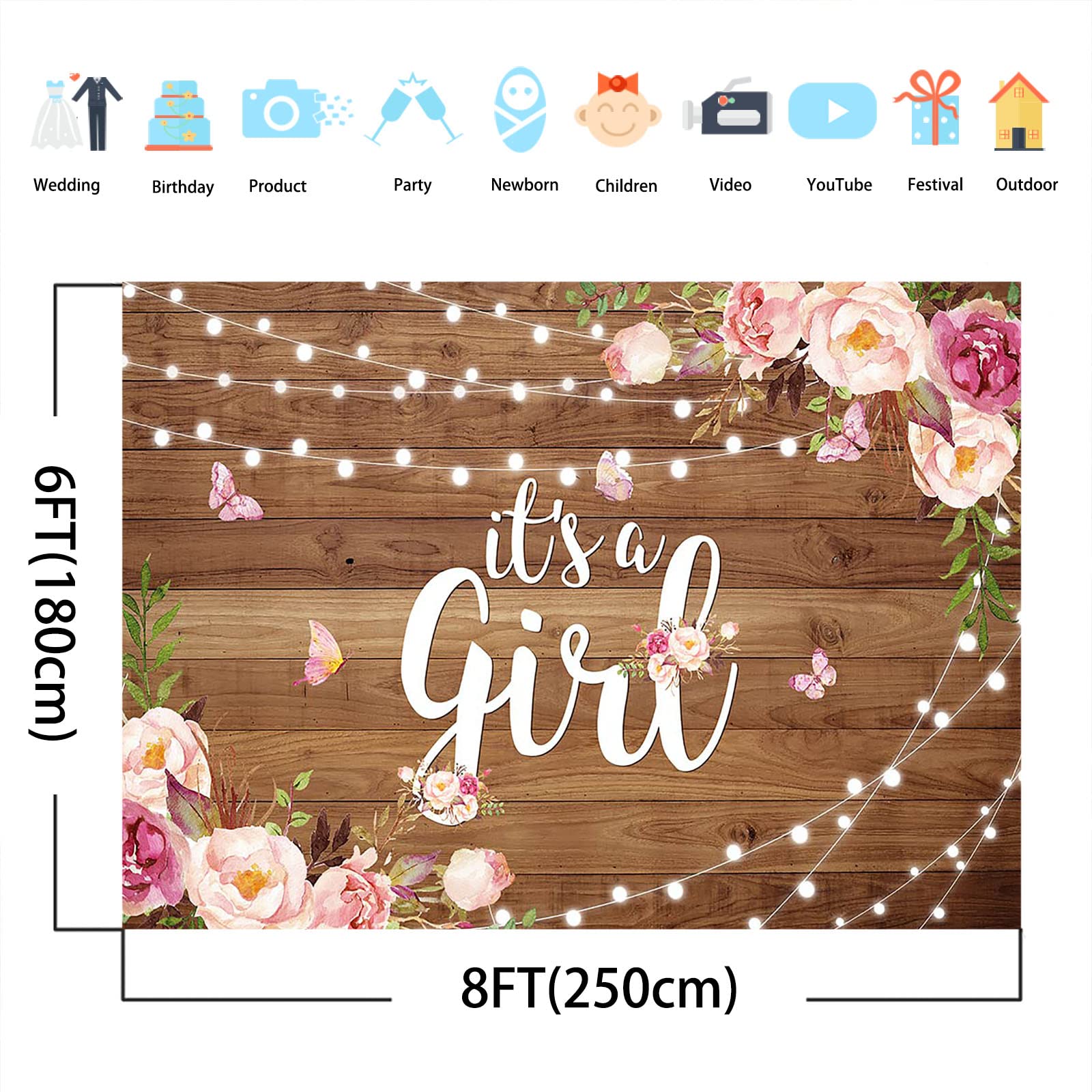 Avezano Rustic Floral Baby Shower Backdrop - 8x6ft Wooden Flower & Butterfly Design with Glitter Lights for It's a Girl Party Decor, Photo Booth Props - Perfect for Baby Showers, Gender Reveals, and Nursery Decorations