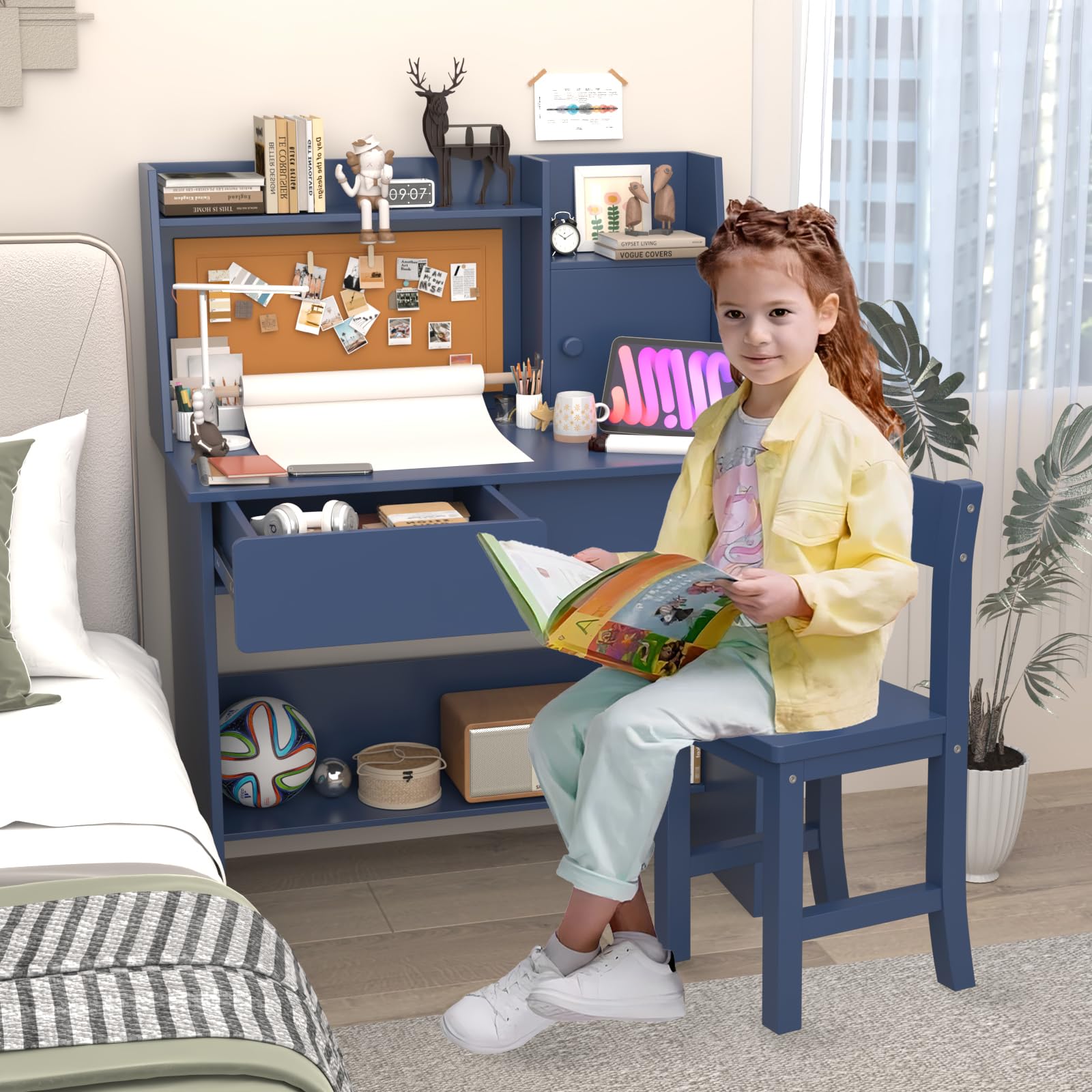**Blue Kids Drawing Desk with Wooden Tabletop & Paper Roll Dispenser - Study Table with Drawers & Storage Shelf - Desk & Chair Set for Ages 5-12 - Perfect for Art, Homework & Creative Play**