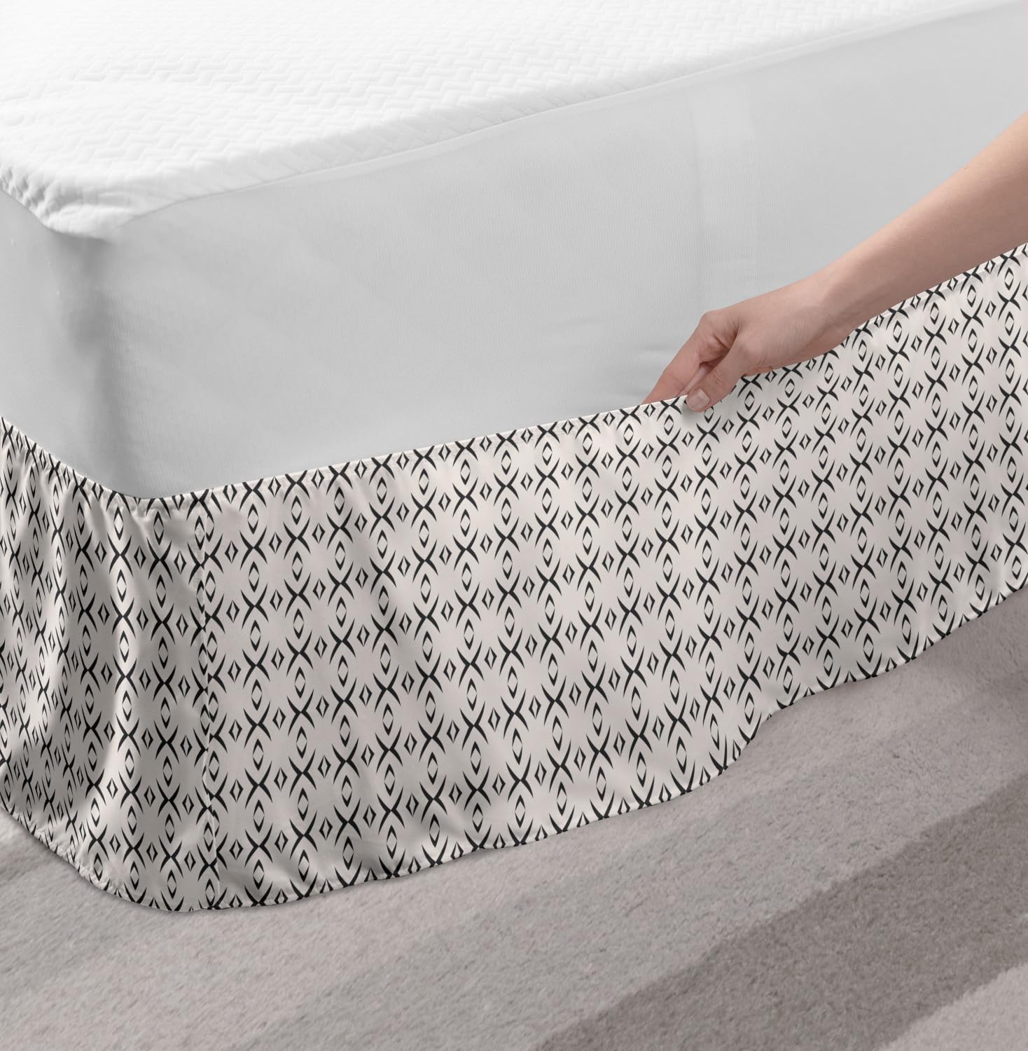Ambesonne Geometric Black and White Bed Skirt - Queen Size Elastic Dust Ruffle with Striped Art Print | Modern Bedroom Decor for Contemporary Home Styling
