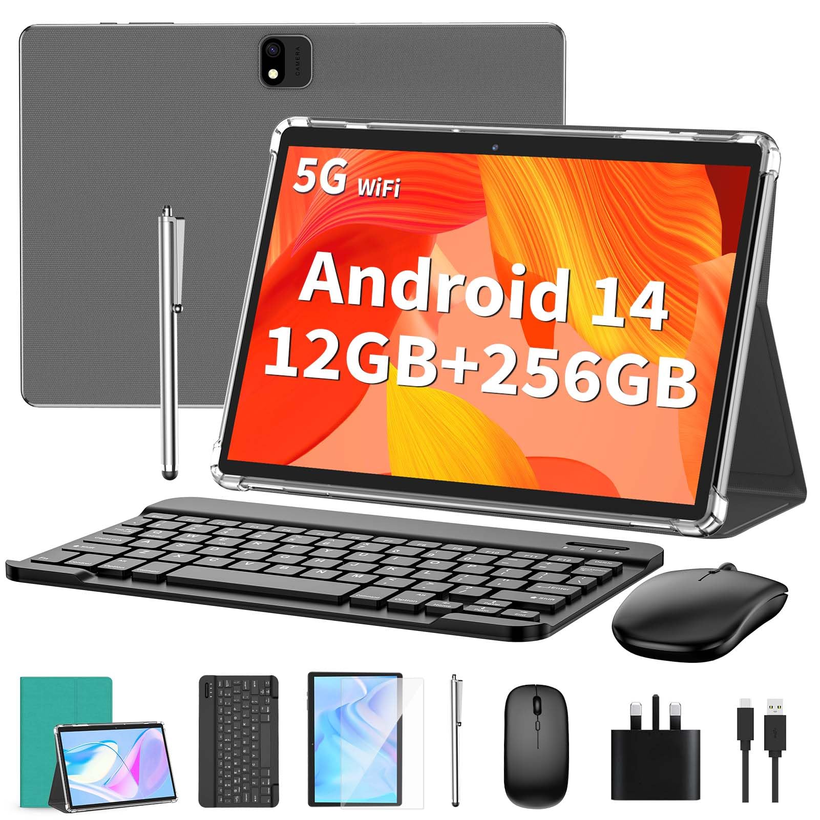 QDDQ Android 13 Tablet - 10 Inch 2-in-1 Tablet with Keyboard, 12GB RAM + 256GB Storage (Expandable to 1TB), Includes Case, Mouse & Stylus, 8000mAh Battery, Dual-Band WiFi (2.4G/5G), GPS - Perfect for Work, Study & Entertainment (Green)