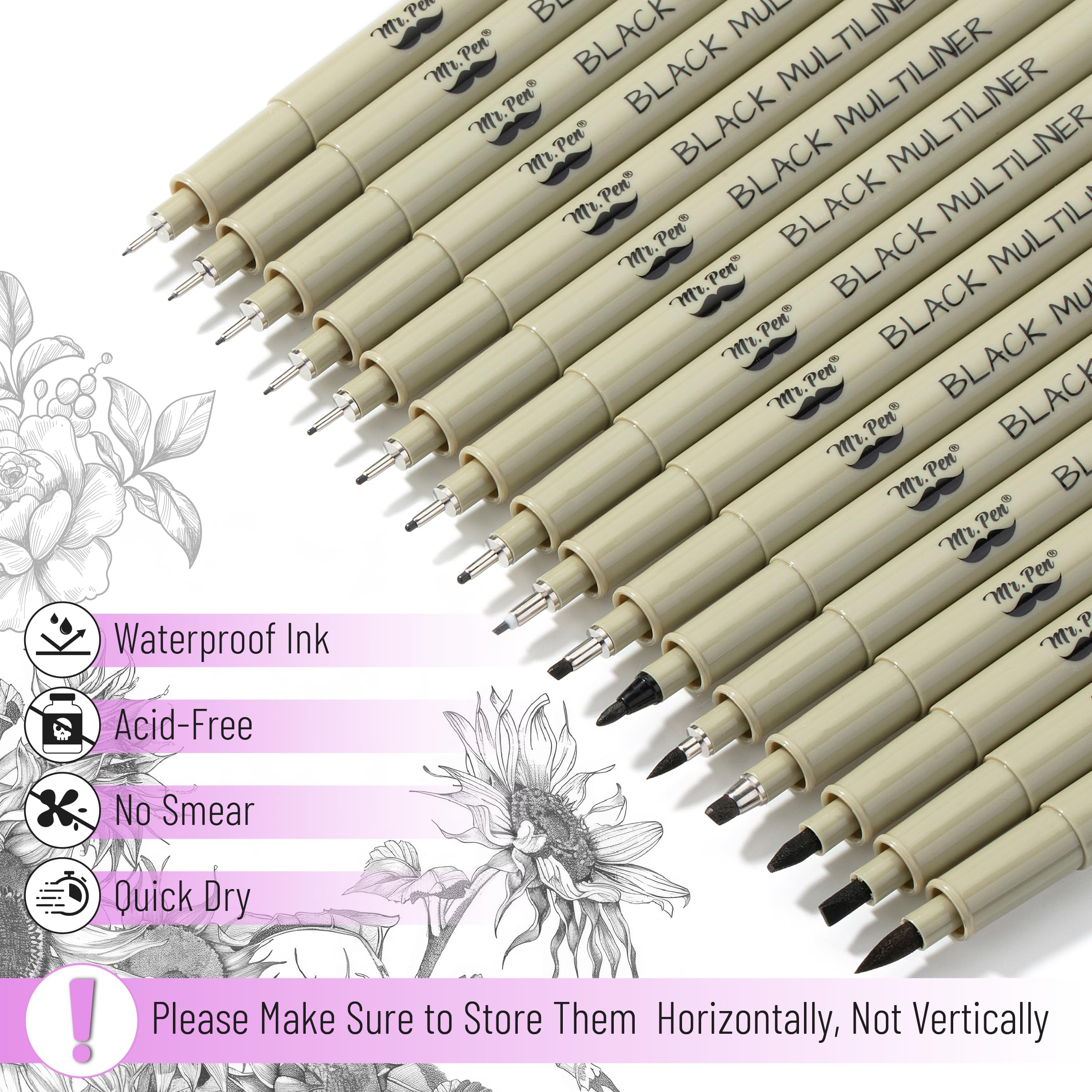 Mr. Pen Professional Artist Drawing Pens Set - 16 Sizes Black Multiliner Fineliner for Sketching, Bible Journaling & Calligraphy | Micro Ink Pens for Artists, Illustrators & Designers | Perfect for Sketching, Doodling, Manga & Technical Drawing