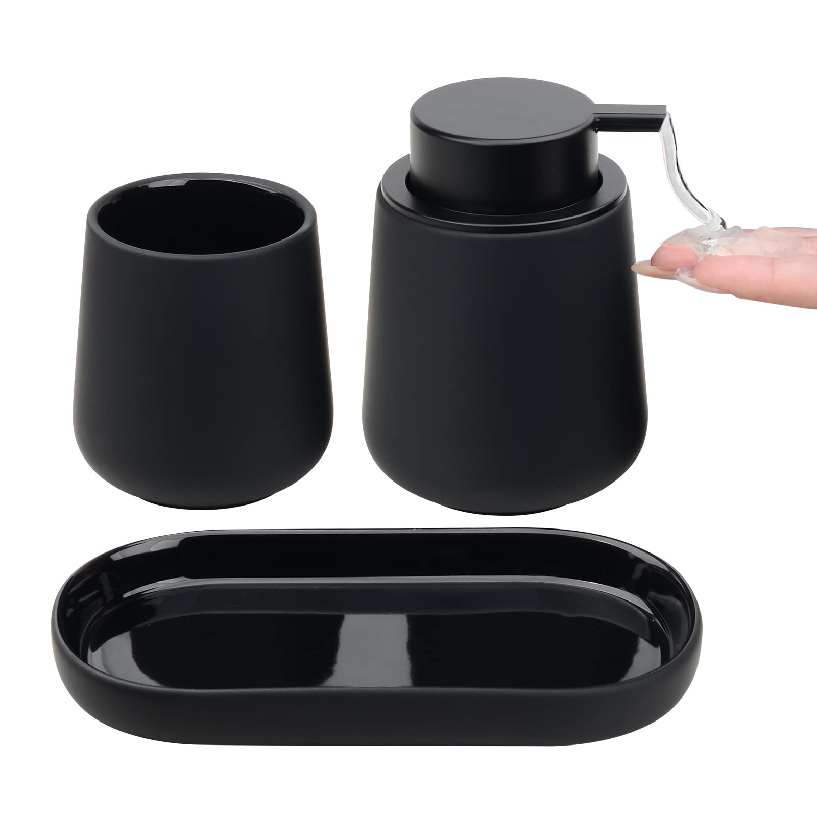 BosilunLife 3-Piece Black Ceramic Bathroom Accessory Set - Farmhouse Style Soap Dispenser, Toothbrush Holder & Tray for Counter Decor | Perfect for Modern, Rustic, or Vintage Bathroom Themes (Liquid Pump Included)