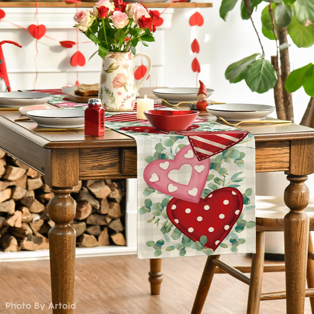 Artoid Mode Eucalyptus Polka Dot Hearts Valentine's Day Table Runner - 13x72 Inch Cotton Tablecloth for Kitchen Dining Decor, Wedding & Holiday Party Decoration - Perfect for Romantic Dinners, Anniversary Celebrations and Home Decor