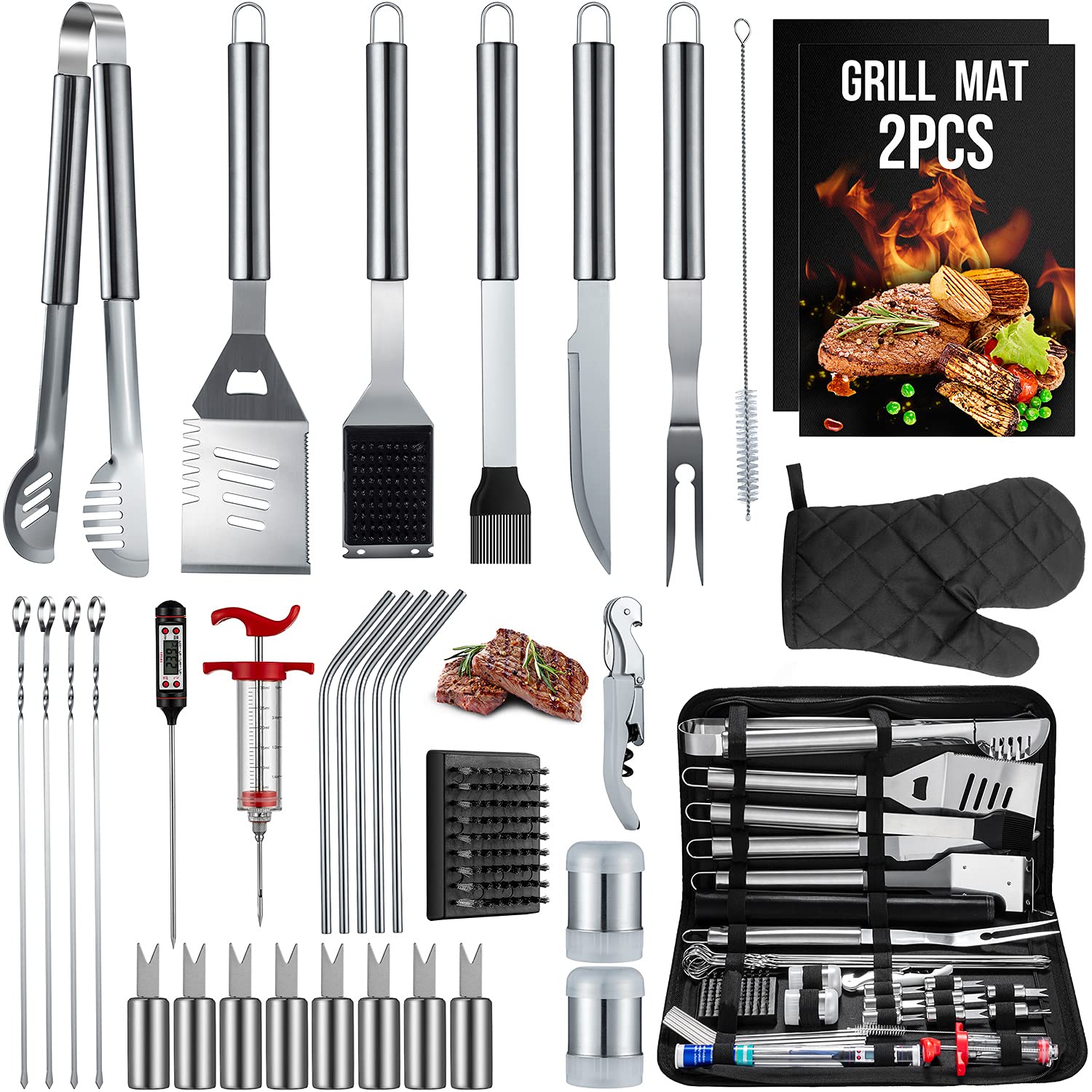 HUSSAR 34-Piece Stainless Steel BBQ Grill Tools Set - Spatula, Tongs, Skewers & Premium Grilling Accessories for Outdoor Cooking, Camping, Backyard BBQ - Complete Grill Utensil Kit with Storage Bag (Silver, BTS-34) | Perfect for Summer Grilling, Tailgating & Family Gatherings