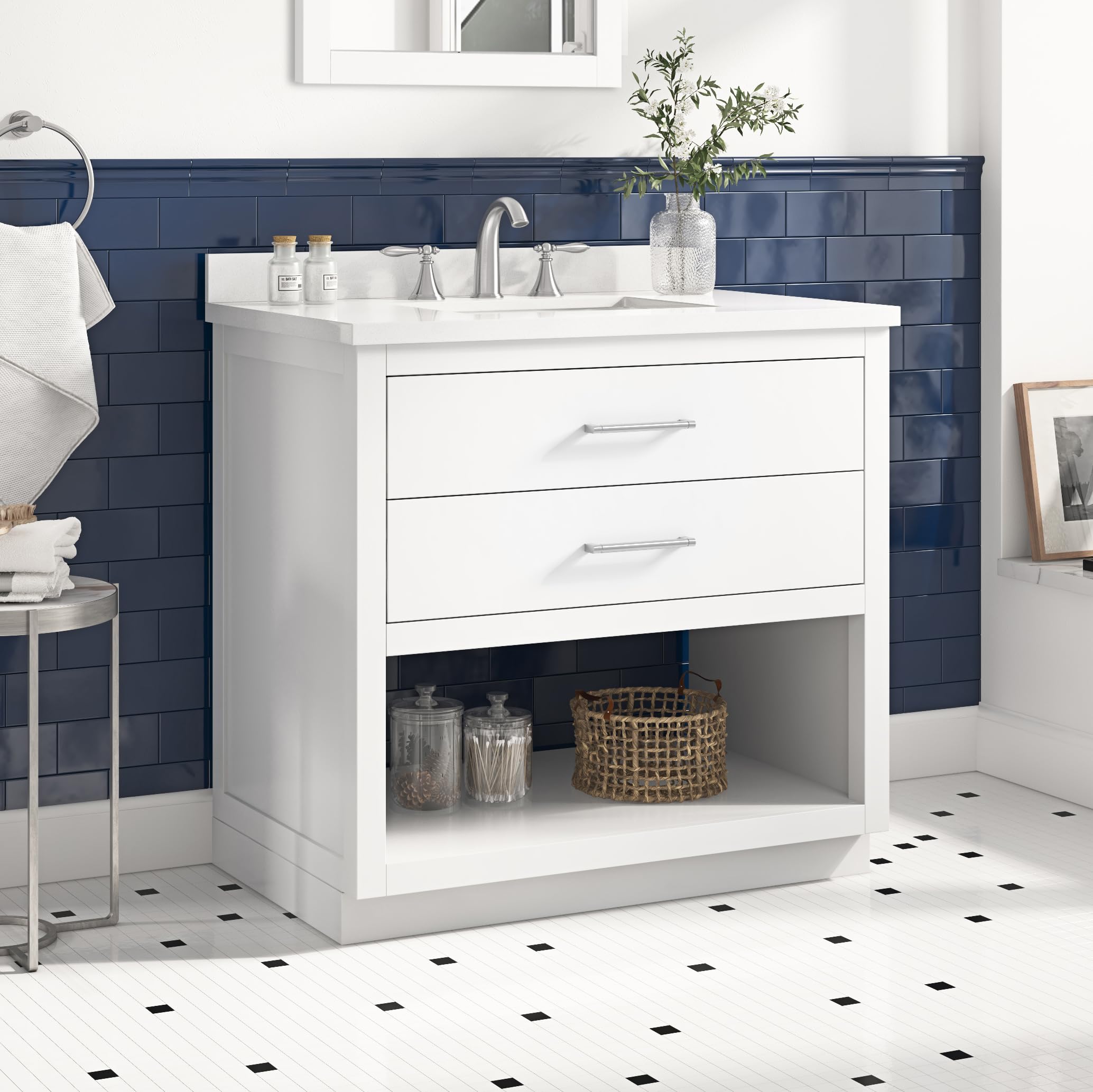 Ove Decors Rider 36 Inch Single Sink Bathroom Vanity in White - Modern Space-Saving Vanity for Small Bathrooms & Powder Rooms