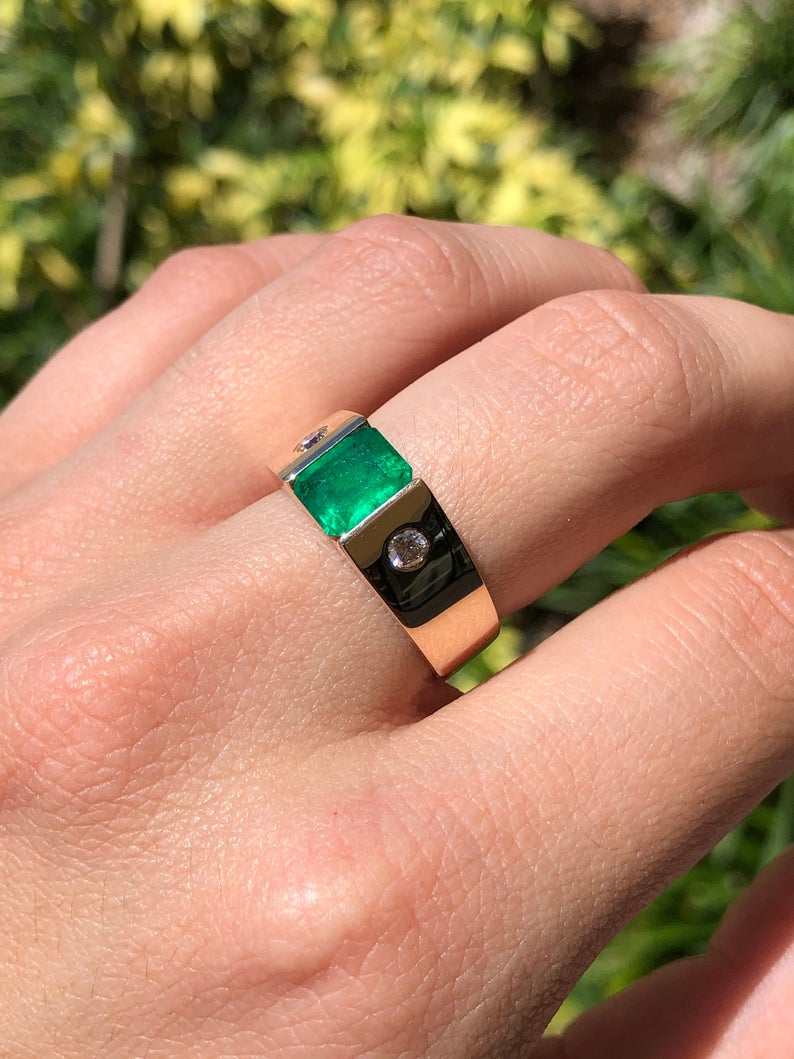 2.05 TCW Men's Emerald & Diamond Three Stone Solitaire Ring in 14K Gold - Elegant Wedding Band & Anniversary Gift for Him