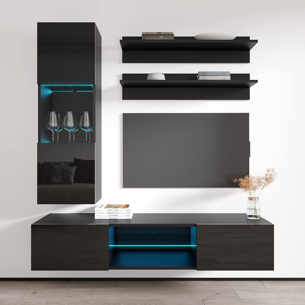 Modern Floating TV Stand with Storage & LED Lights - Wall-Mounted Entertainment Center for Bedroom & Living Room - 33 Inch TV Console with Shelves - Space-Saving Hanging TV Cabinet for Small Apartments & Home Theater Setup - Black