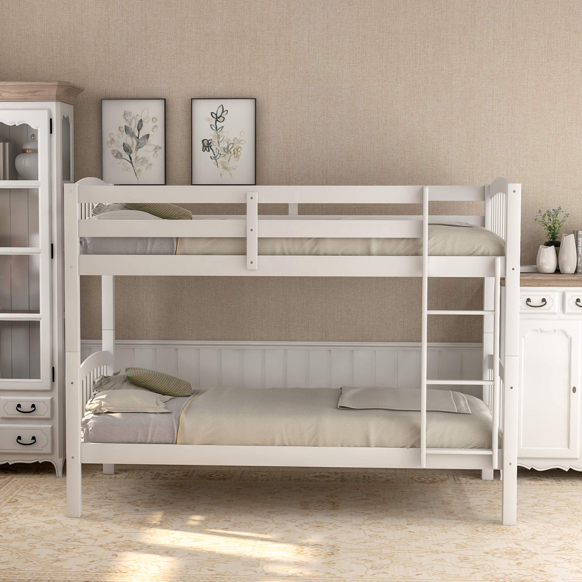 JULYFOX Twin Over Twin Bunk Bed with Ladder & Guard Rails - Heavy Duty 500 LB Capacity, Solid Pine Wood Frame with Finsbury Headboard - No Box Spring Needed - Perfect for Teens, Kids & Small Spaces (White) | Ideal for Dorm Rooms, Guest Rooms & Space-Saving Bedroom Solutions