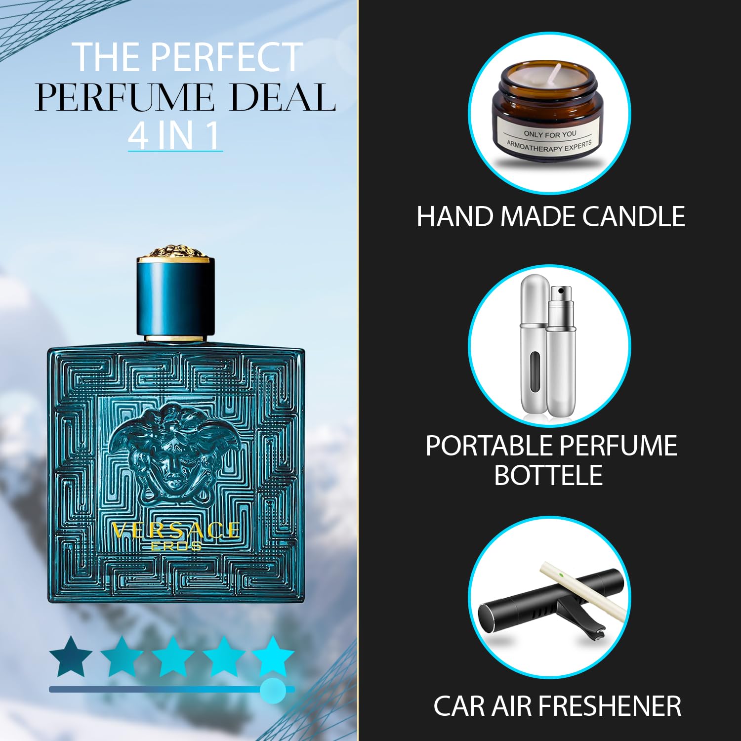 Eros Cologne for Men | 6.7 Oz EDT Spray Gift Set with Lavender Soy Candle, Car Air Fresheners & Travel Perfume Atomizer - Perfect Fragrance Kit for Gifts, Birthdays & Daily Use