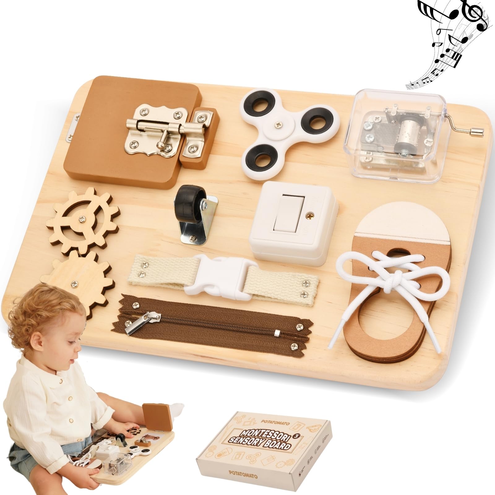 Montessori Wooden Busy Board for Toddlers 1-4 Years Old - Sensory Learning Toys for Fine Motor Skills Development - Autism Educational Fidget Toy - Travel Activity Board for Airplane & Car Rides - Perfect Gift for Preschool Boys and Girls