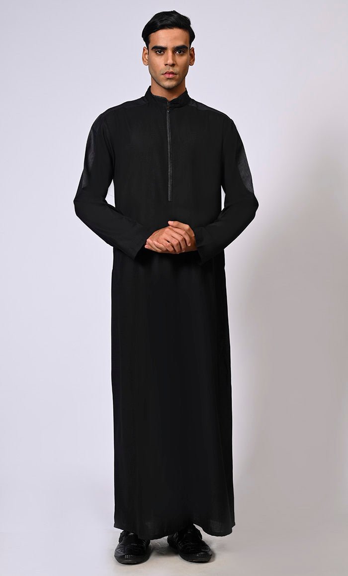 Men's Black Thobe with Contrast Denim Yoke & Sleeve Panels - Stylish Islamic Robe for Prayer, Eid & Special Occasions