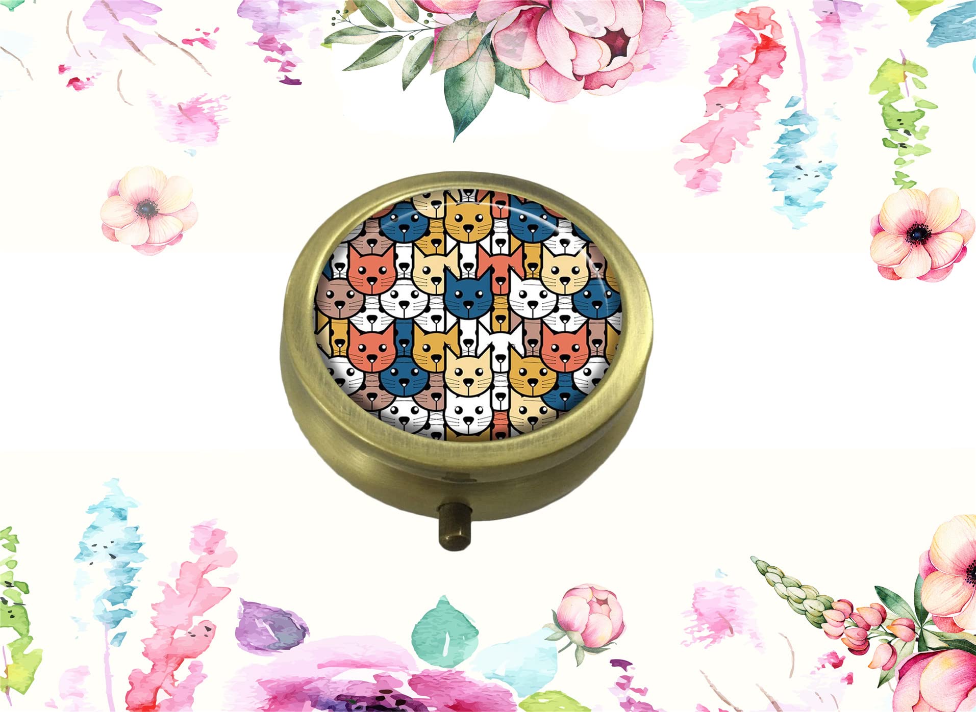 Custom Cat Face Round Pill Box - Stylish Tablet Holder & Purse Organizer for Travel, Work, and Daily Use